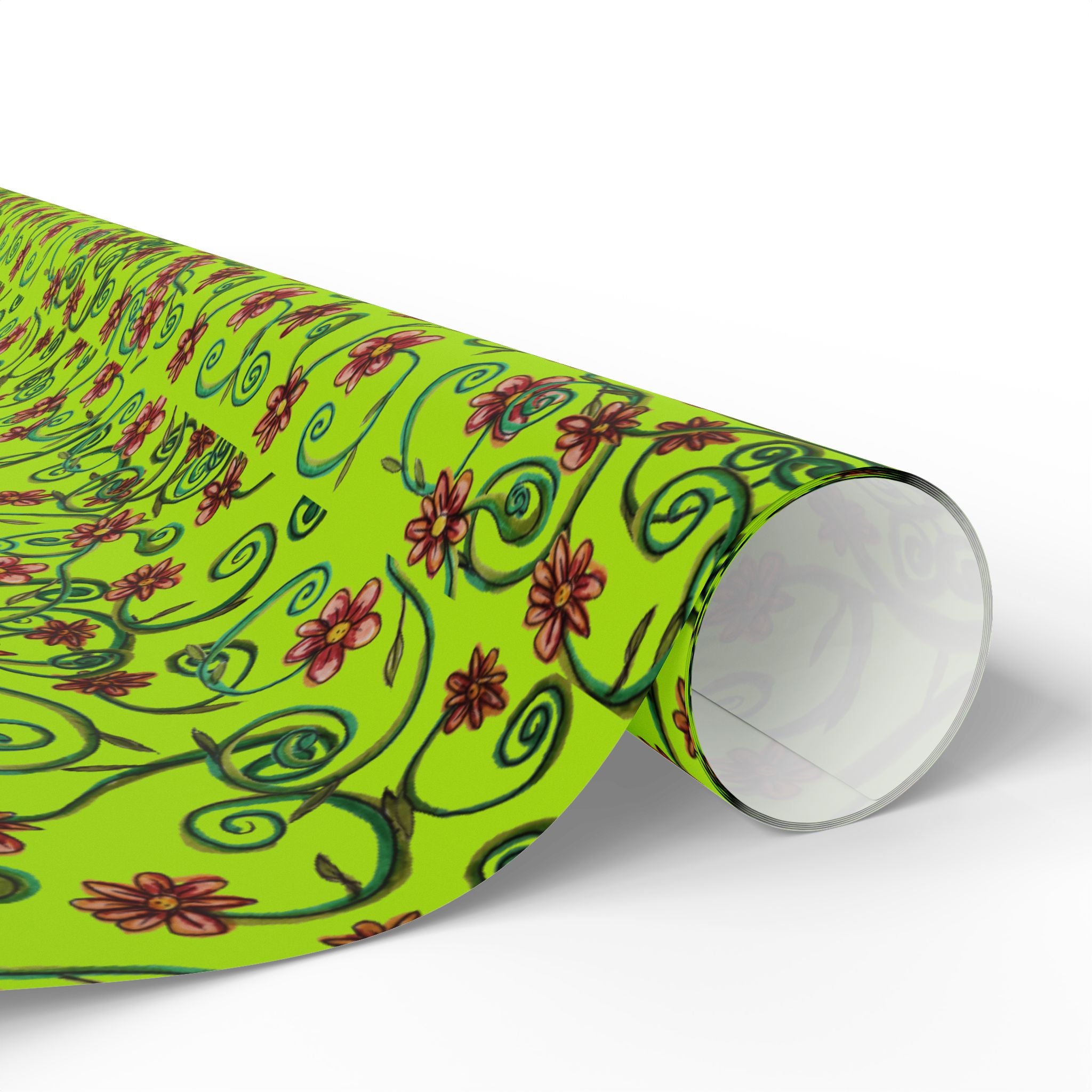 TINK Floral Vine Wrapping Paper — Bright Green Gift Wrap with Pink Flowers