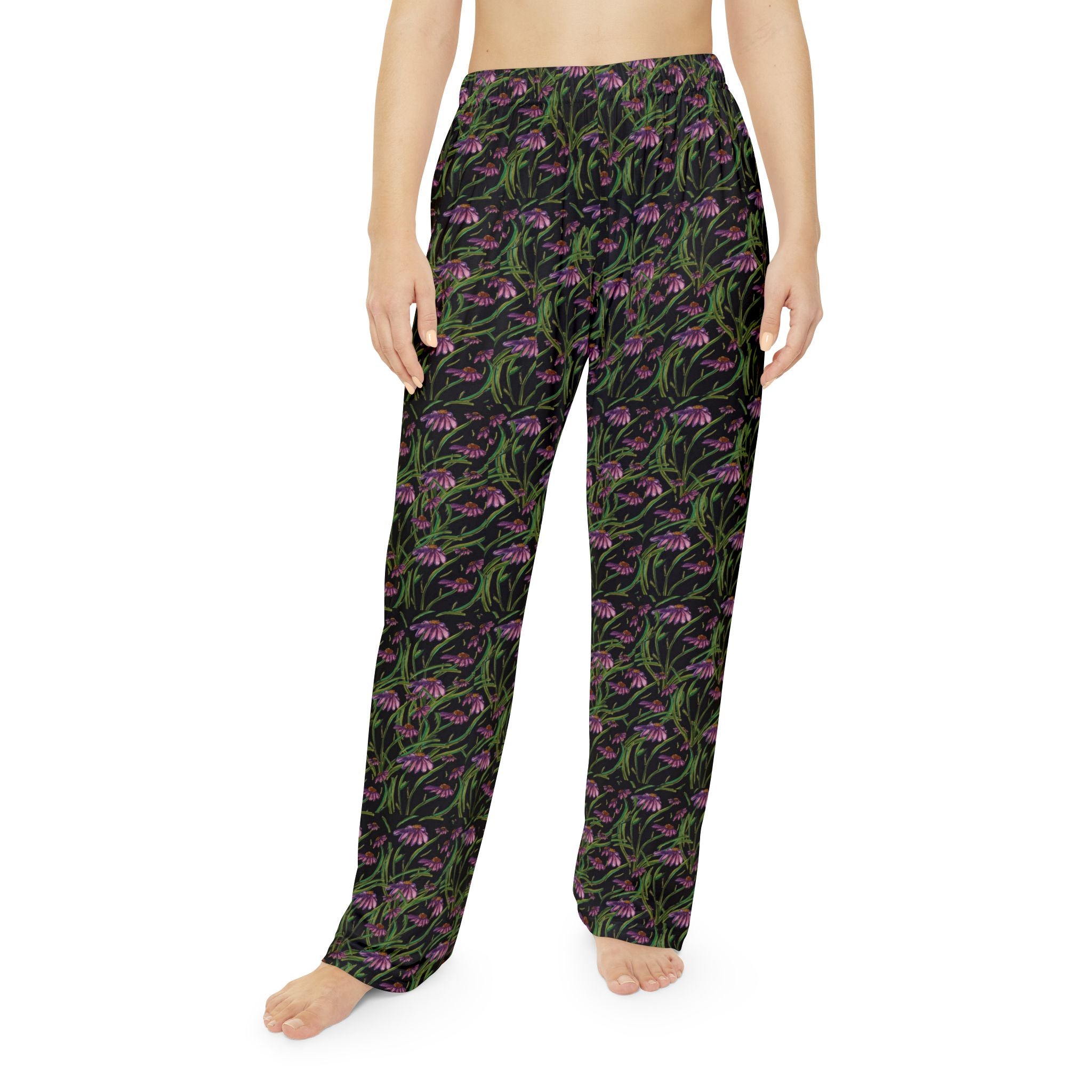 Floral Nightgarden Women's Pajama Pants — Black & Purple All-Over Print Lounge Pants