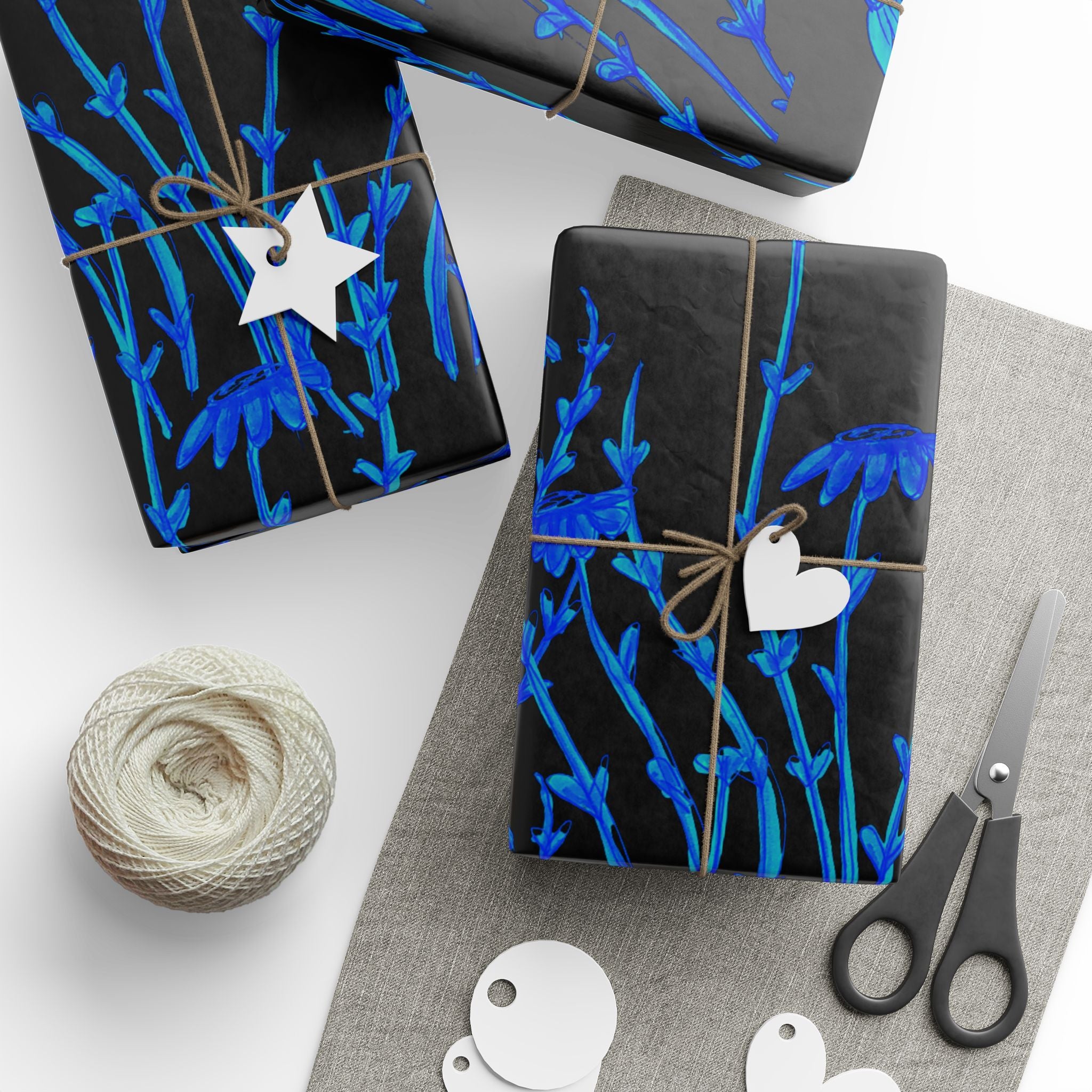 Blue Floral Wrapping Paper Roll — Midnight Botanical Gift Wrap