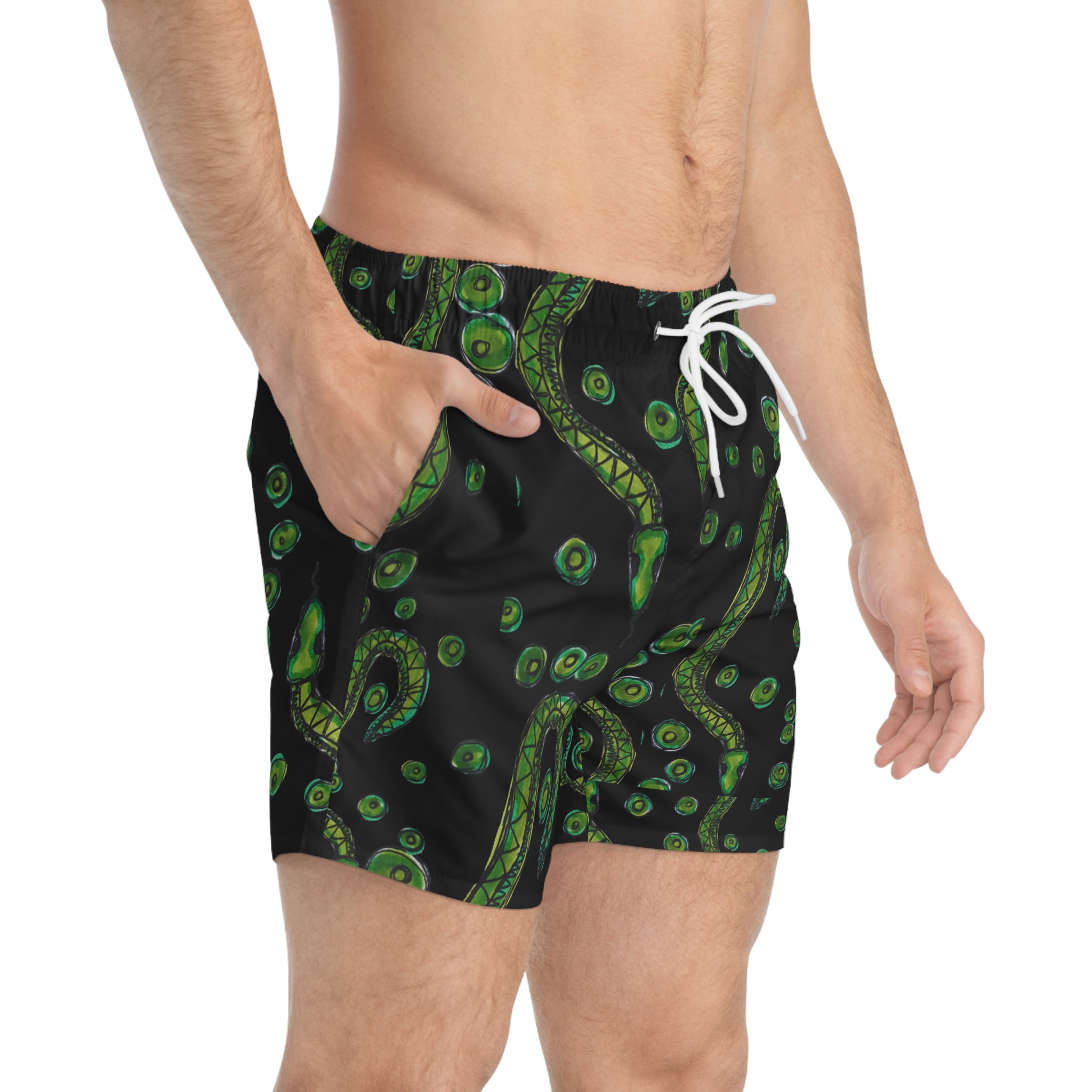 Tentacle Pattern Swim Trunks — Green Octopus Ink All-Over Print