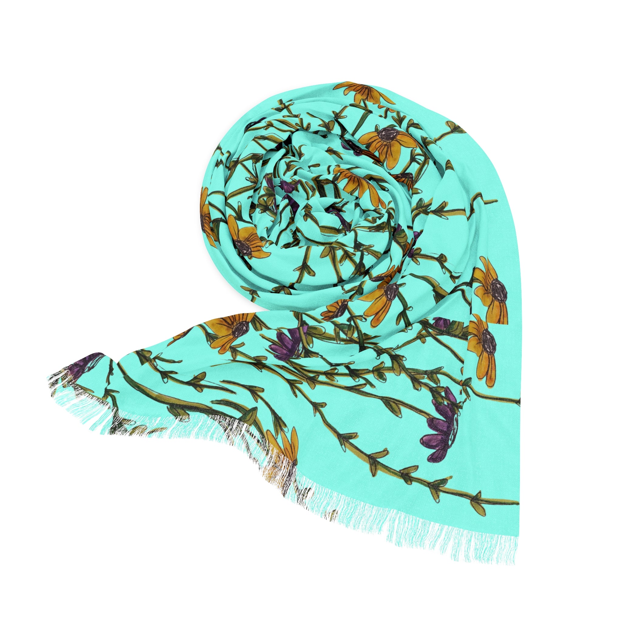 Aqua Wildflower Scarf — Lightweight Floral Spring Wrap