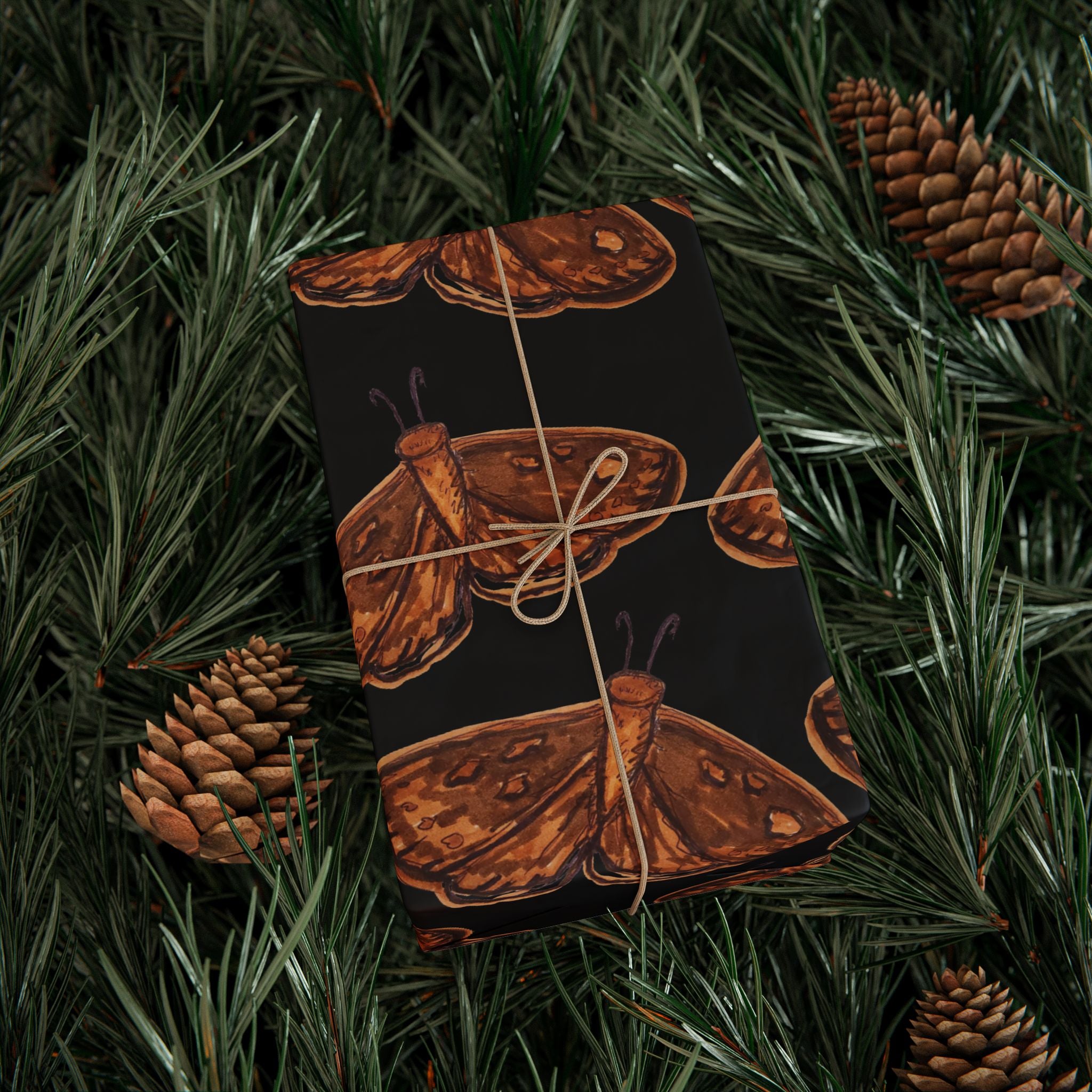 Moth Pattern Wrapping Paper — Vintage Brown Moth Gift Wrap on Black