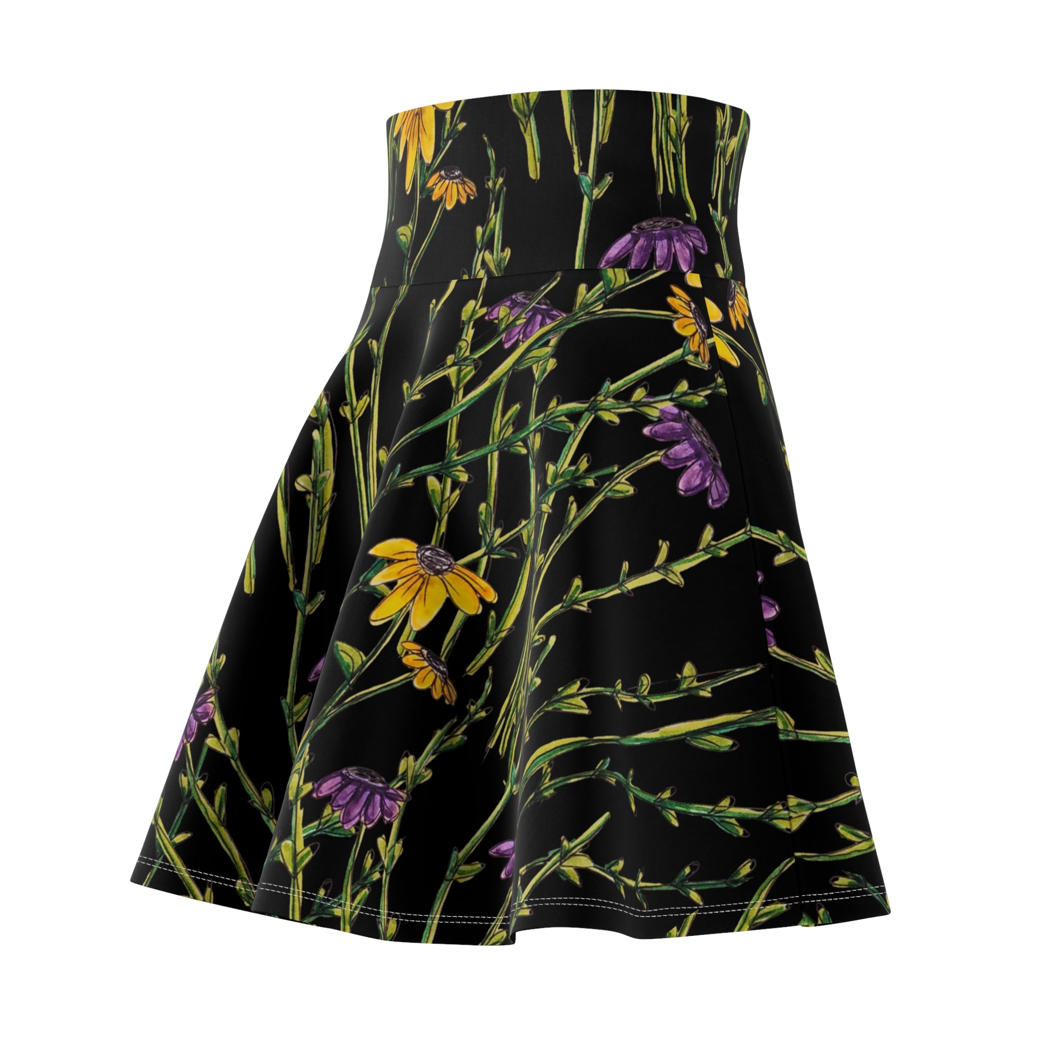 Wildflower Night Skater Skirt – Black Botanical Floral Print