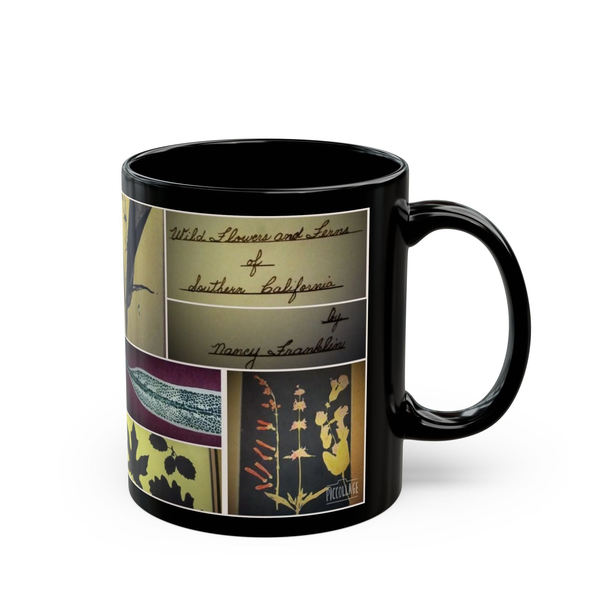 Botanical Collage Black Mug — Vintage Pressed Plants & Script 11oz/15oz