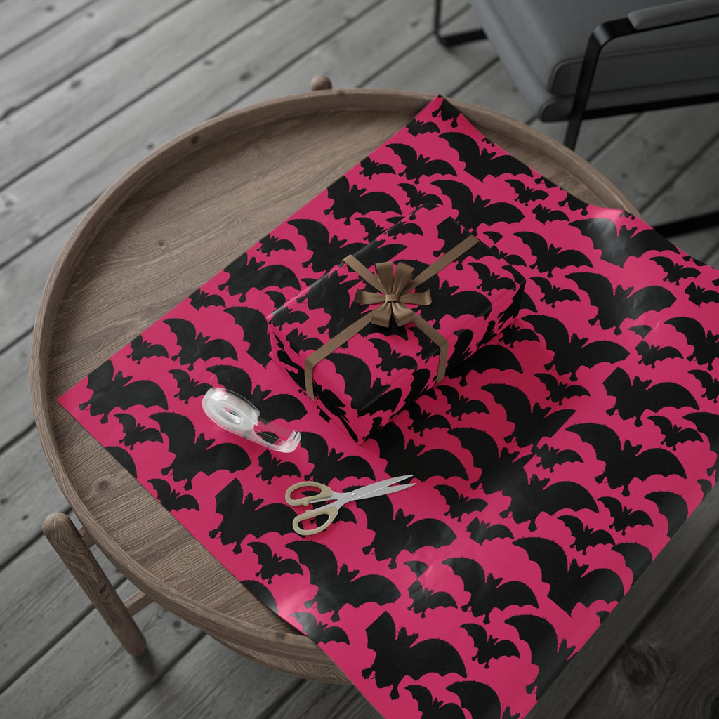 Bat Pattern Wrapping Paper — Pink & Black Halloween Gift Wrap