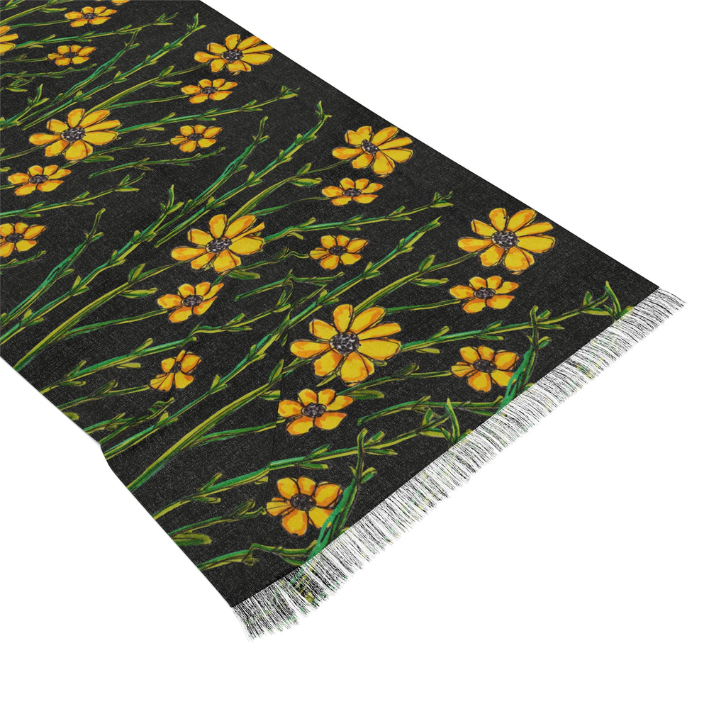 Black Floral Scarf with Yellow Wildflowers – Lightweight Spring Wrap