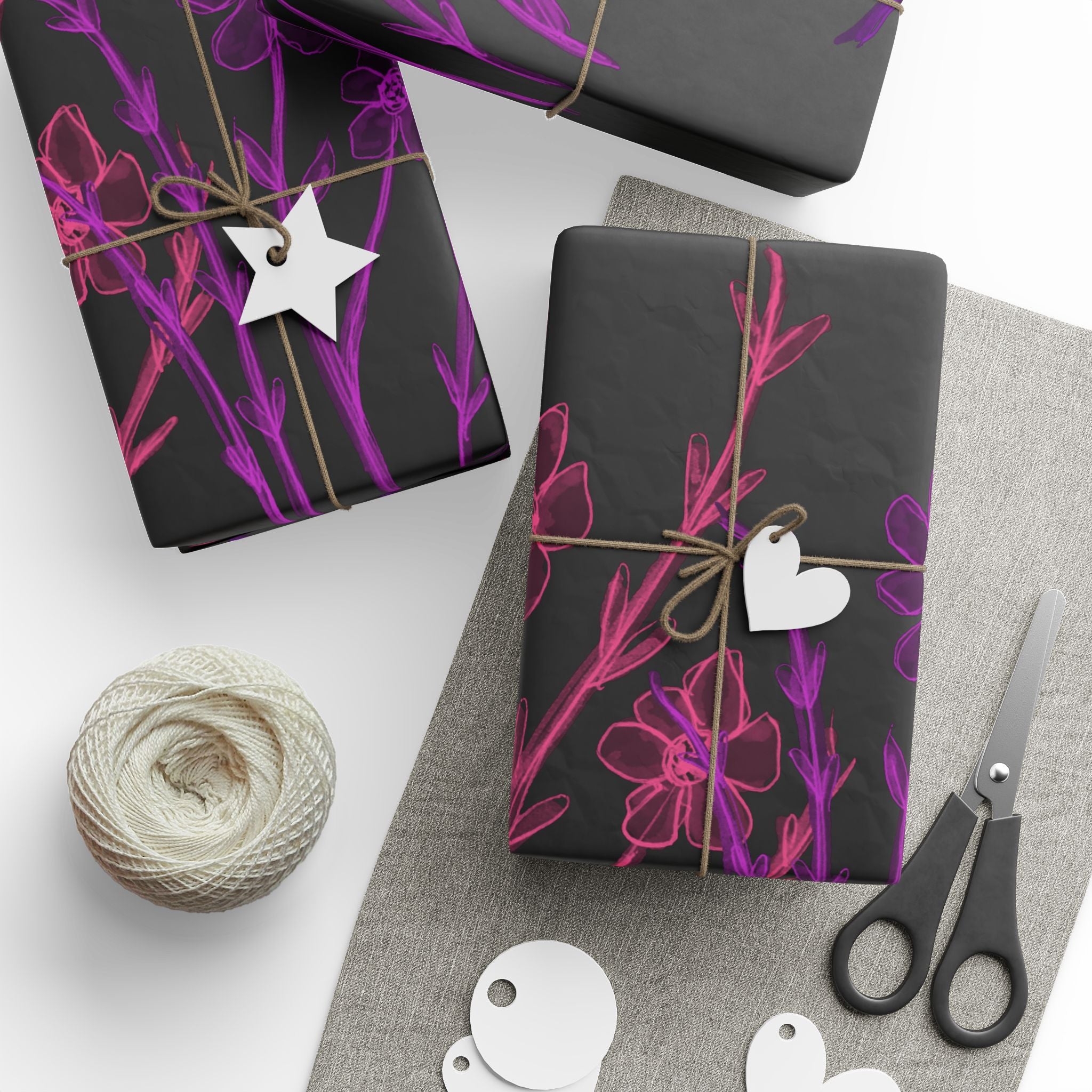 Floral Nightfall Wrapping Paper — Pink & Purple Neon Flowers on Black