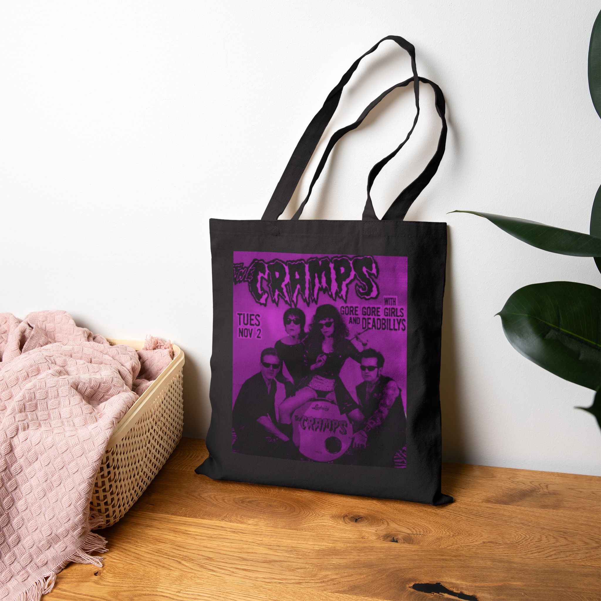 The Cramps Vintage Band Tote Bag — Purple Retro Concert Poster Cotton Canvas Tote