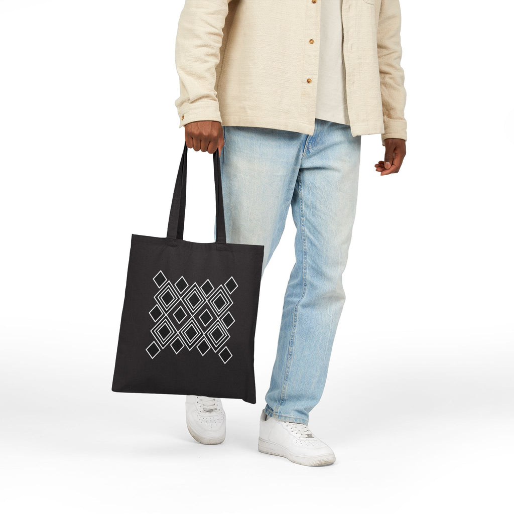 Geometric Diamond Pattern Tote Bag — Modern Black Canvas Shopper
