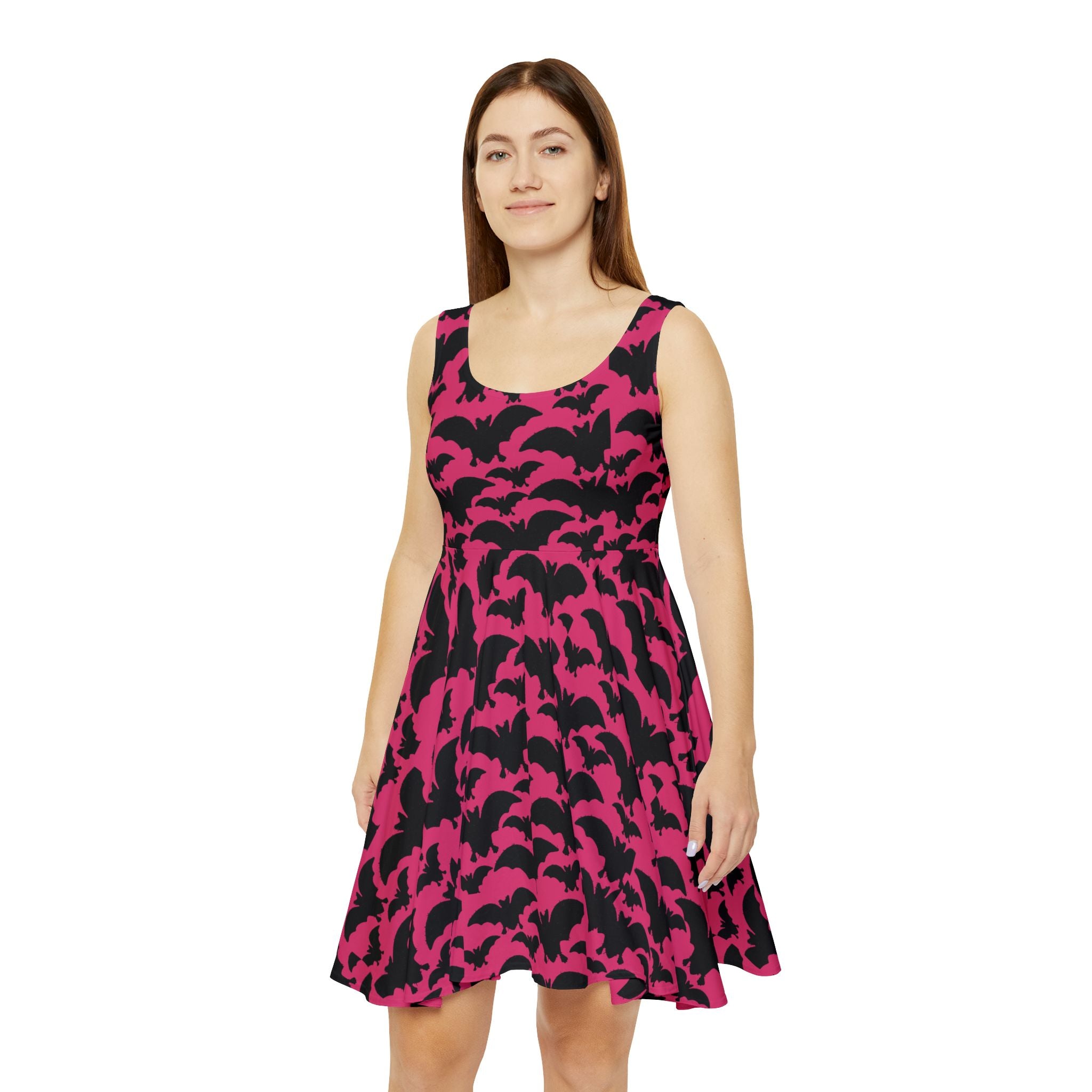 Pink Bat Print Skater Dress — Halloween Gothic Party Dress