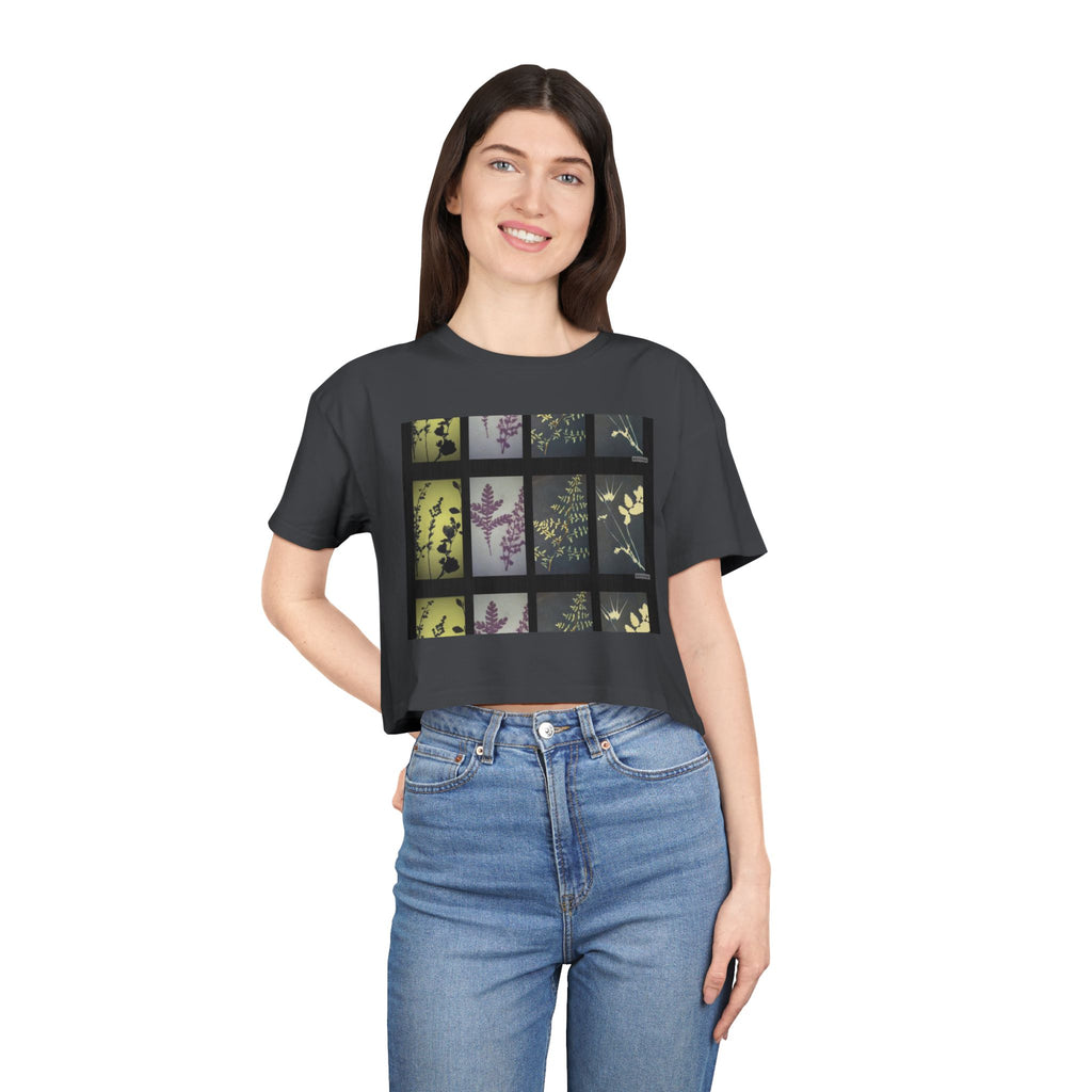Botanical Grid Women's Crop Tee — Vintage Floral Silhouette Top