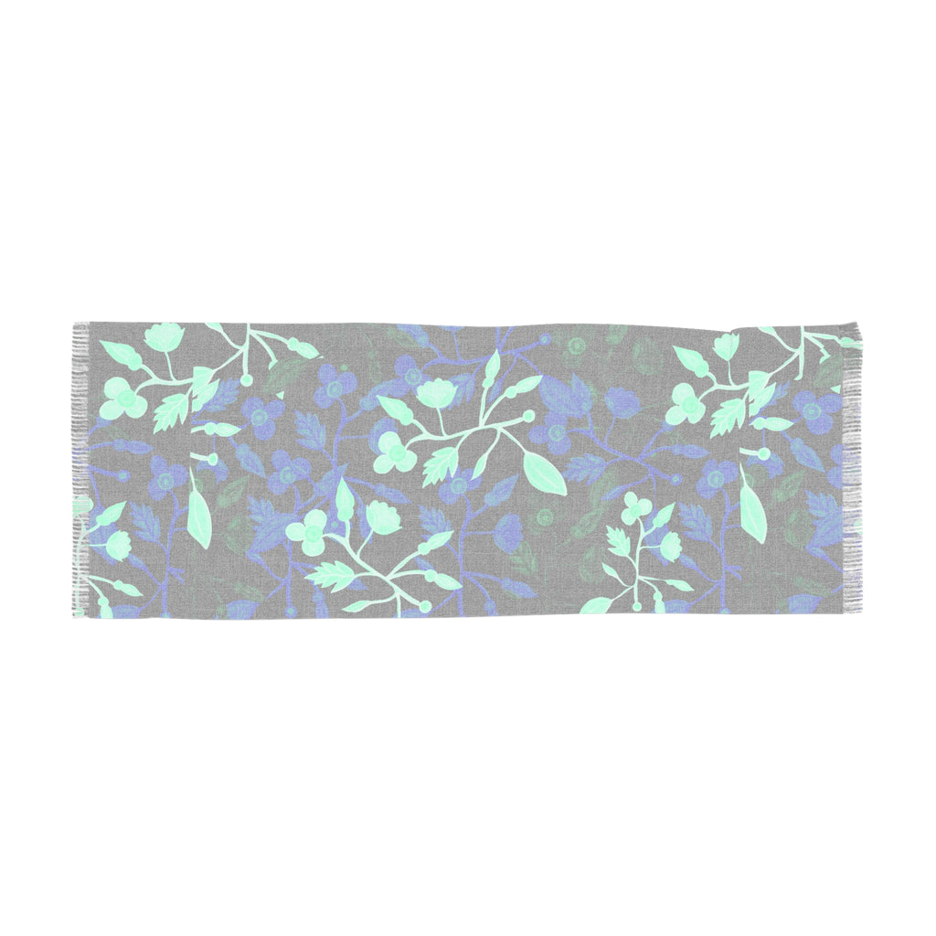 Blue Botanical Light Scarf — Floral Fringe Scarf for Spring & Evening Wear