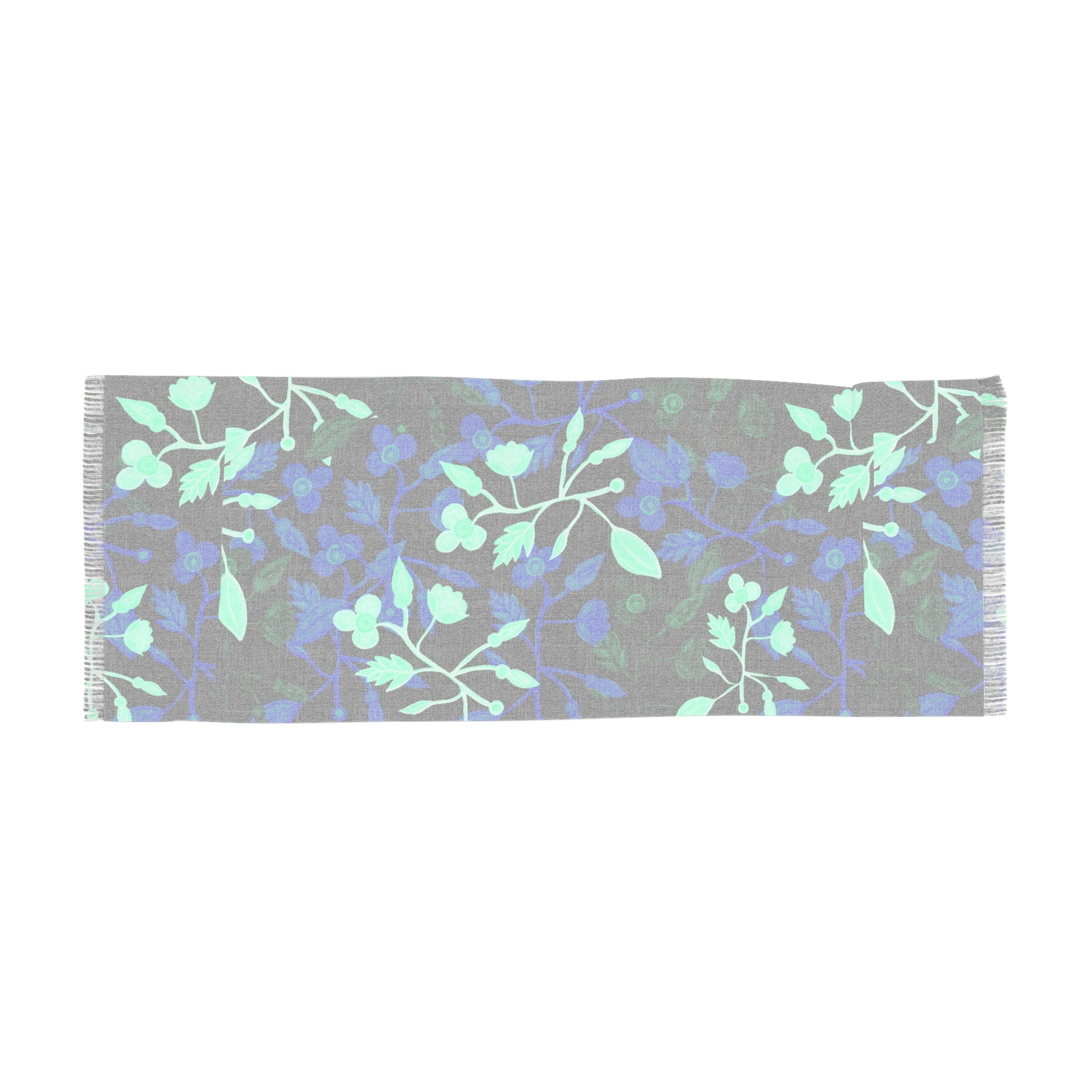 Blue Botanical Light Scarf — Floral Fringe Scarf for Spring & Evening Wear