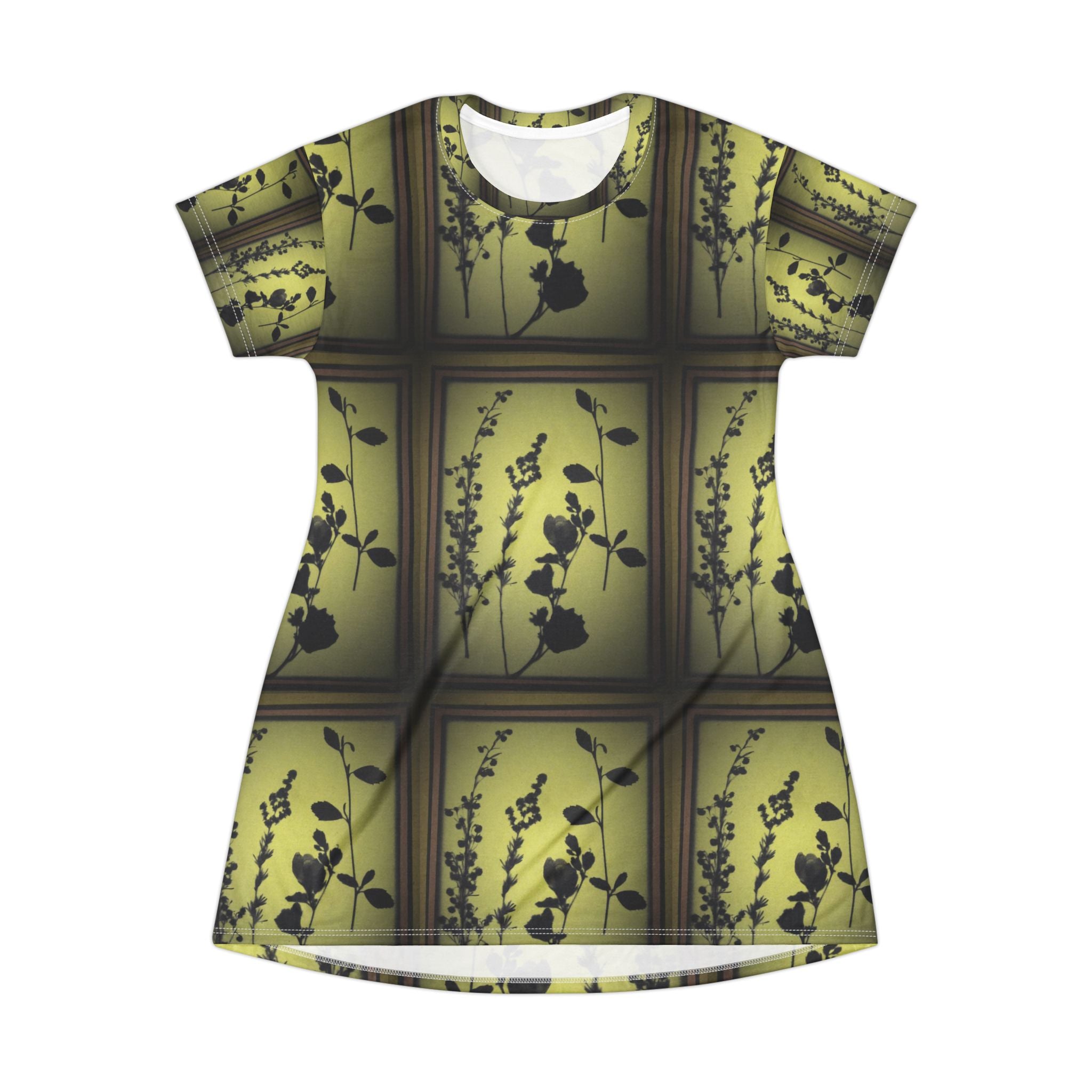 Botanical Shadow T‑Shirt Dress — Yellow Green Floral Silhouette All‑Over Print