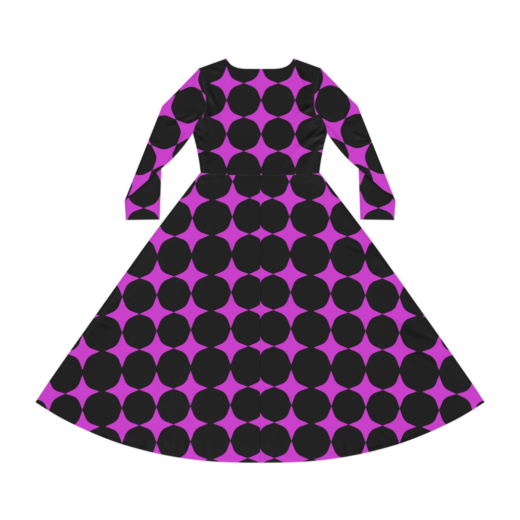 Purple & Black Retro Dot Long Sleeve Dance Dress