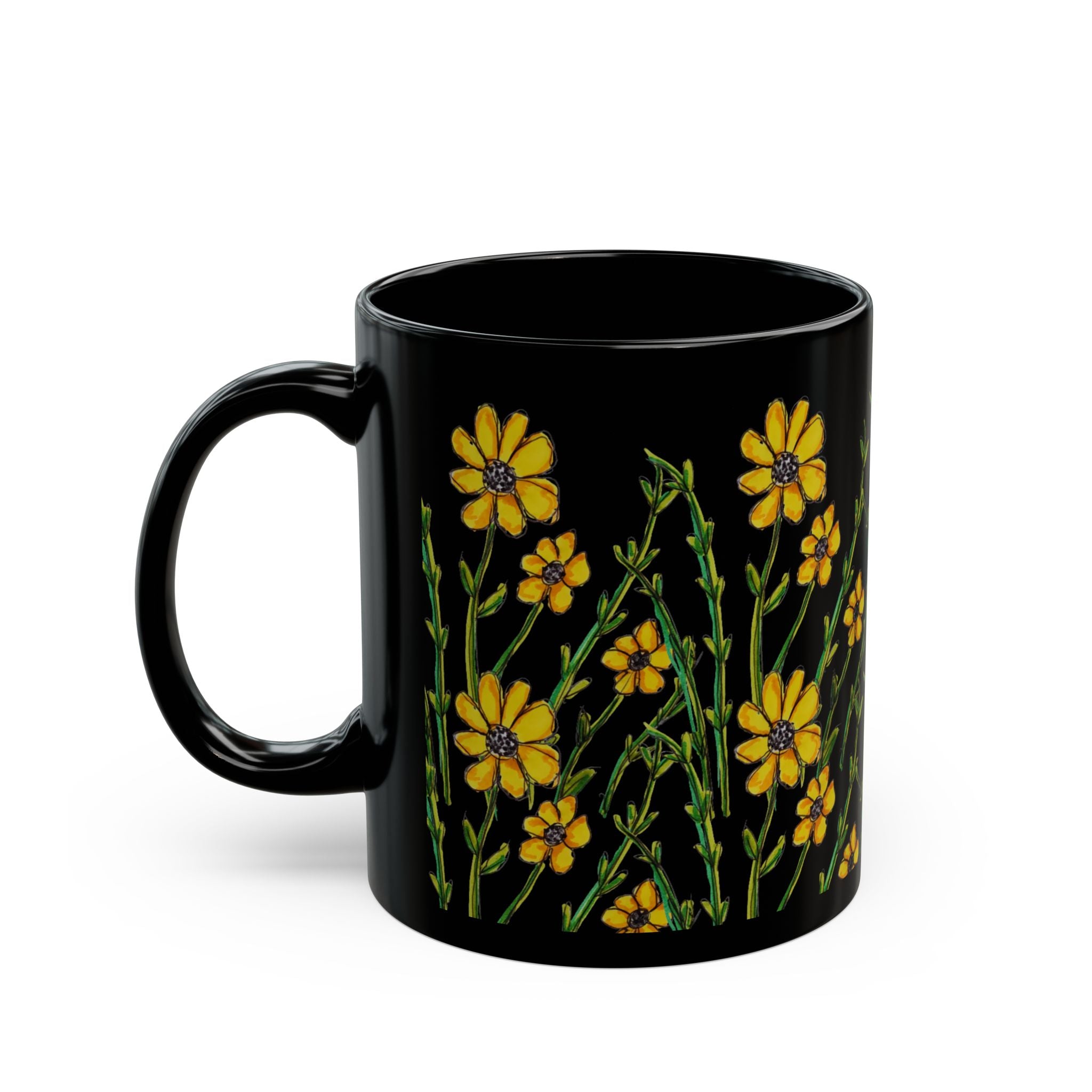 Black Floral Mug — Yellow Wildflower Coffee Cup (11oz & 15oz)