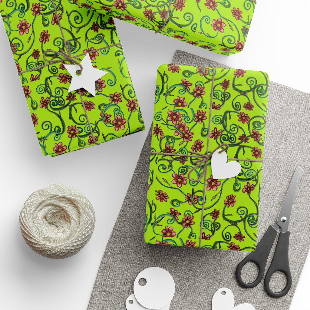 TINK Floral Vine Wrapping Paper — Bright Green Gift Wrap with Pink Flowers