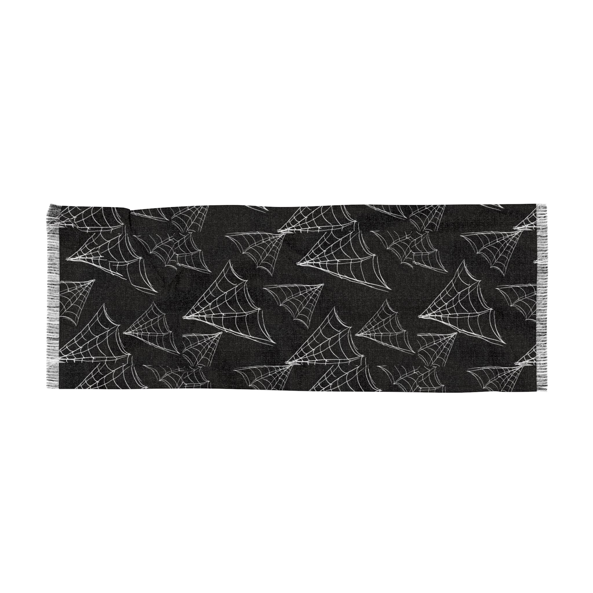 Spiderweb Pattern Lightweight Scarf — Gothic Halloween Black Fringe Wrap