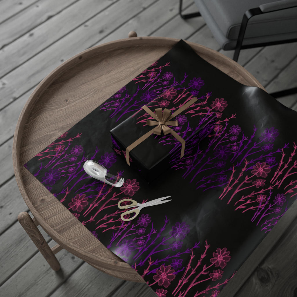Floral Silhouette Wrapping Paper — Purple & Pink Meadow on Black