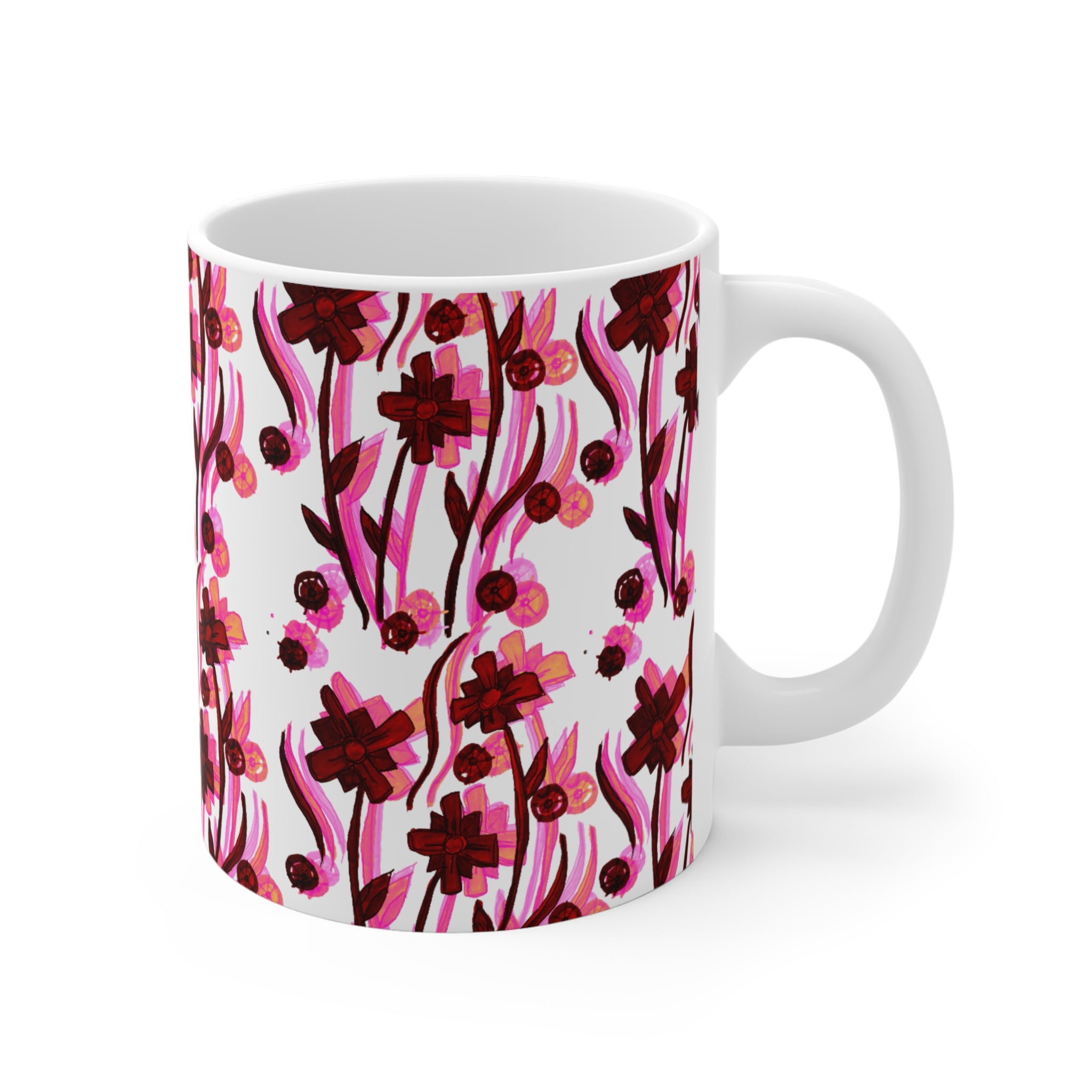Pink Floral Pattern Coffee Mug — 11oz Artistic Bloom Design