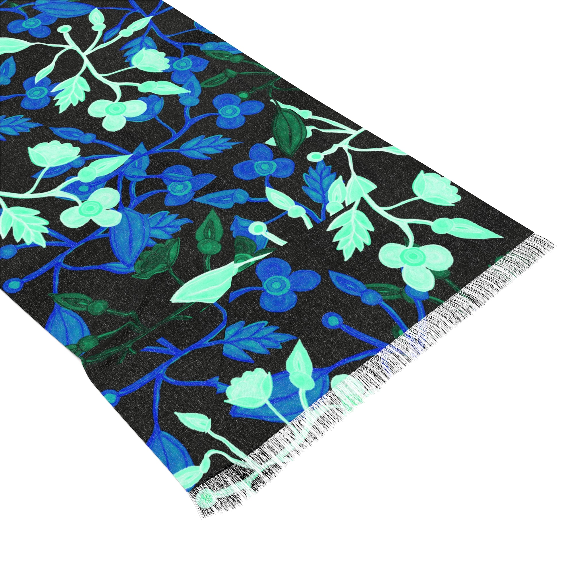 Blue Botanical Light Scarf — Floral Fringe Scarf for Spring & Evening Wear