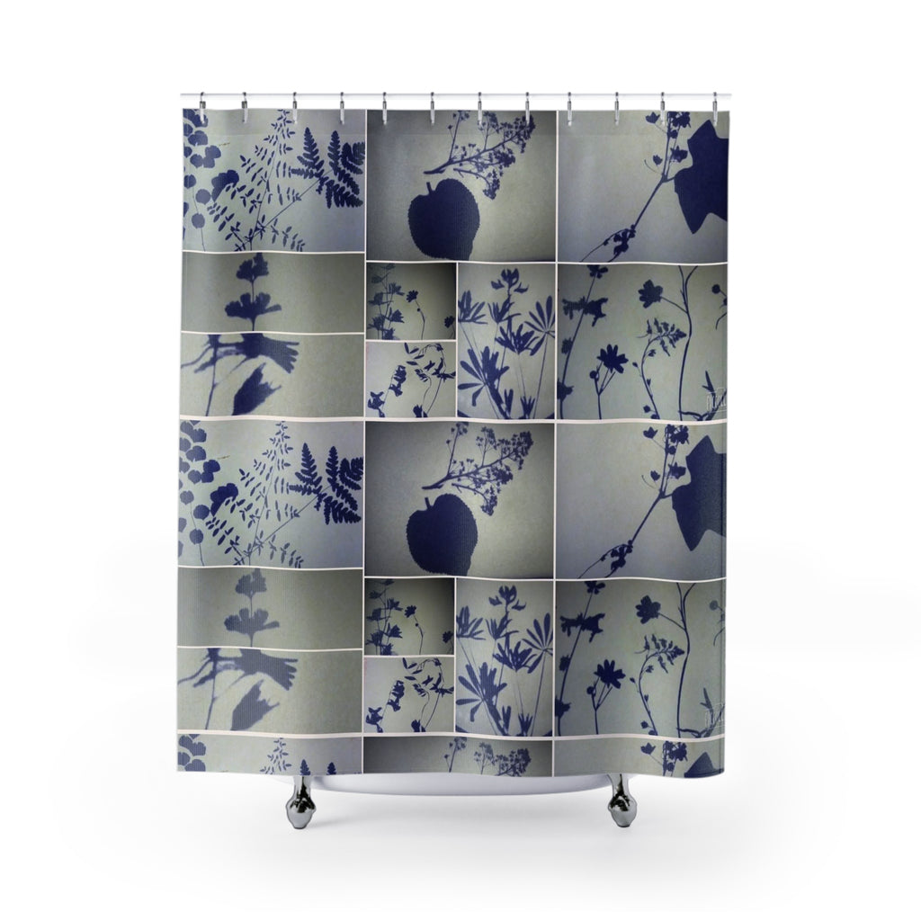 Botanical Grid Shower Curtain — Blue Silhouette Floral Pattern