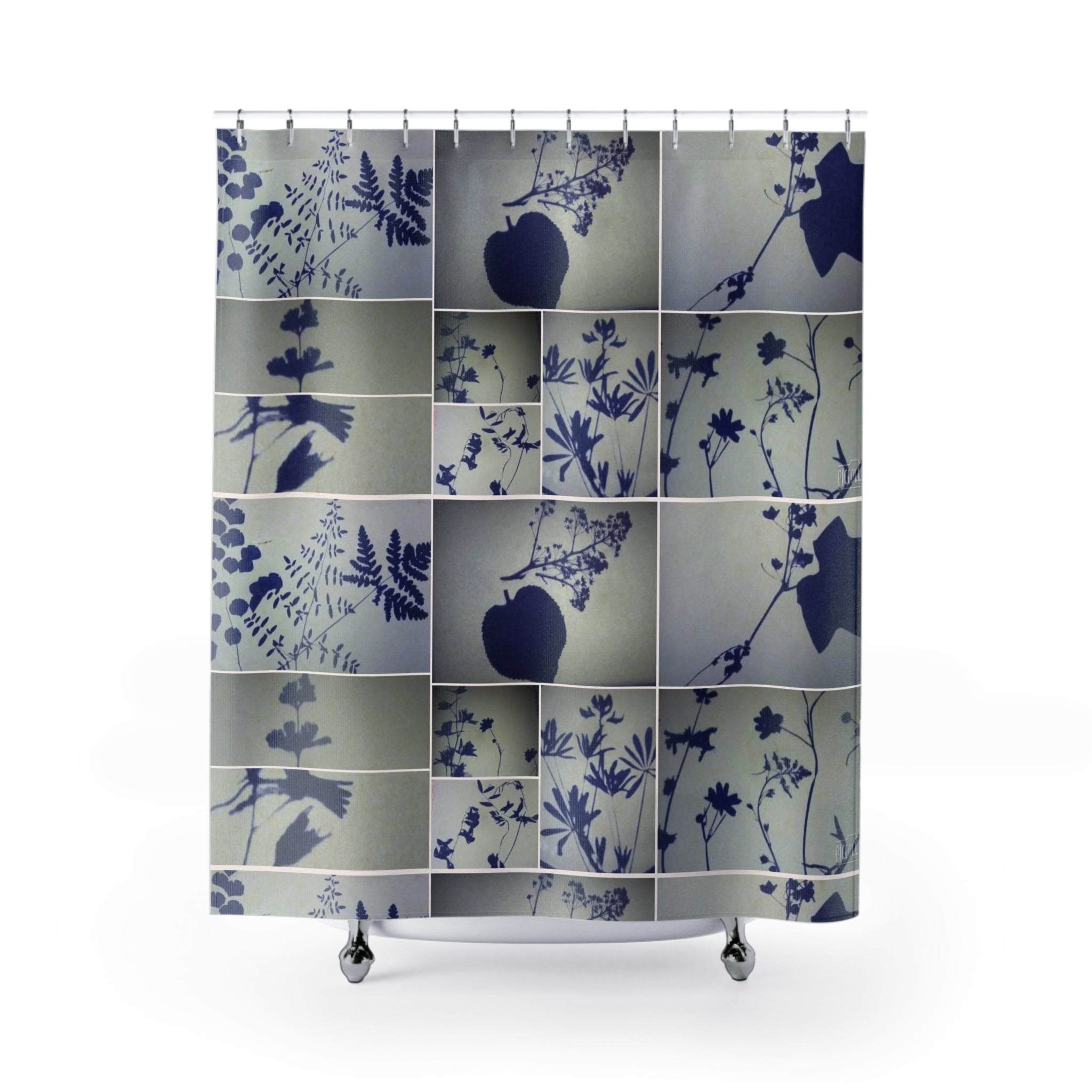 Botanical Grid Shower Curtain — Blue Silhouette Floral Pattern