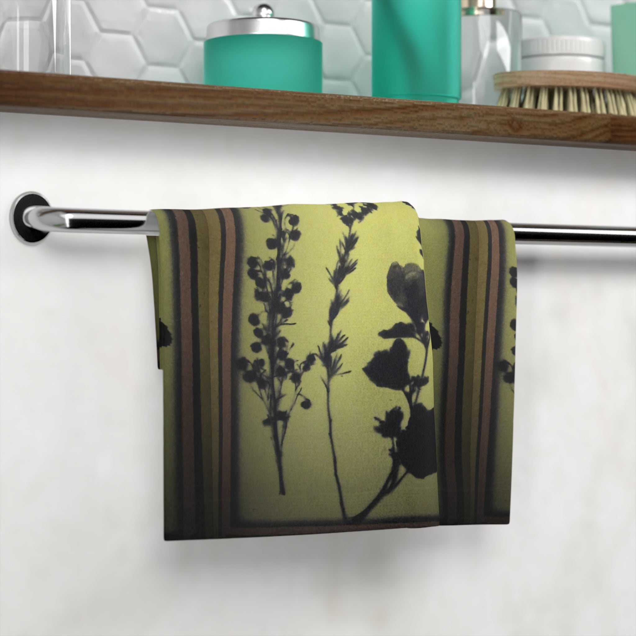 Botanical Silhouette Face Towel – Floral Herb Print Hand Towel