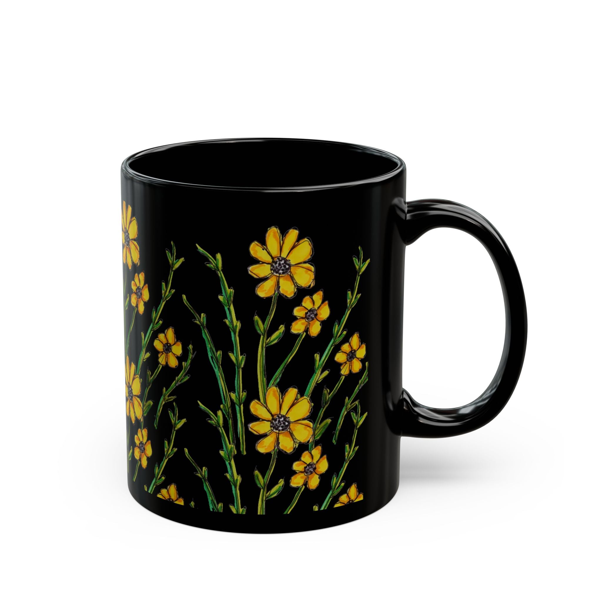 Black Floral Mug — Yellow Wildflower Coffee Cup (11oz & 15oz)