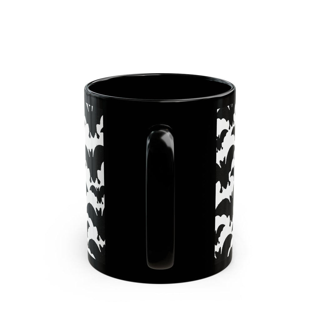 Halloween Bat Pattern Mug — Black Ceramic Coffee Cup (11oz/15oz)