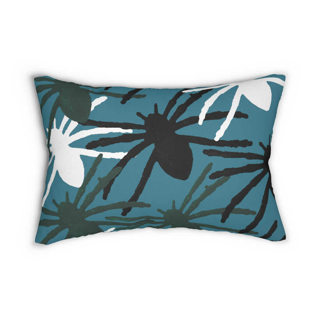 Teal Tropical Spider Lily Lumbar Pillow — Botanical Floral Accent Cushion