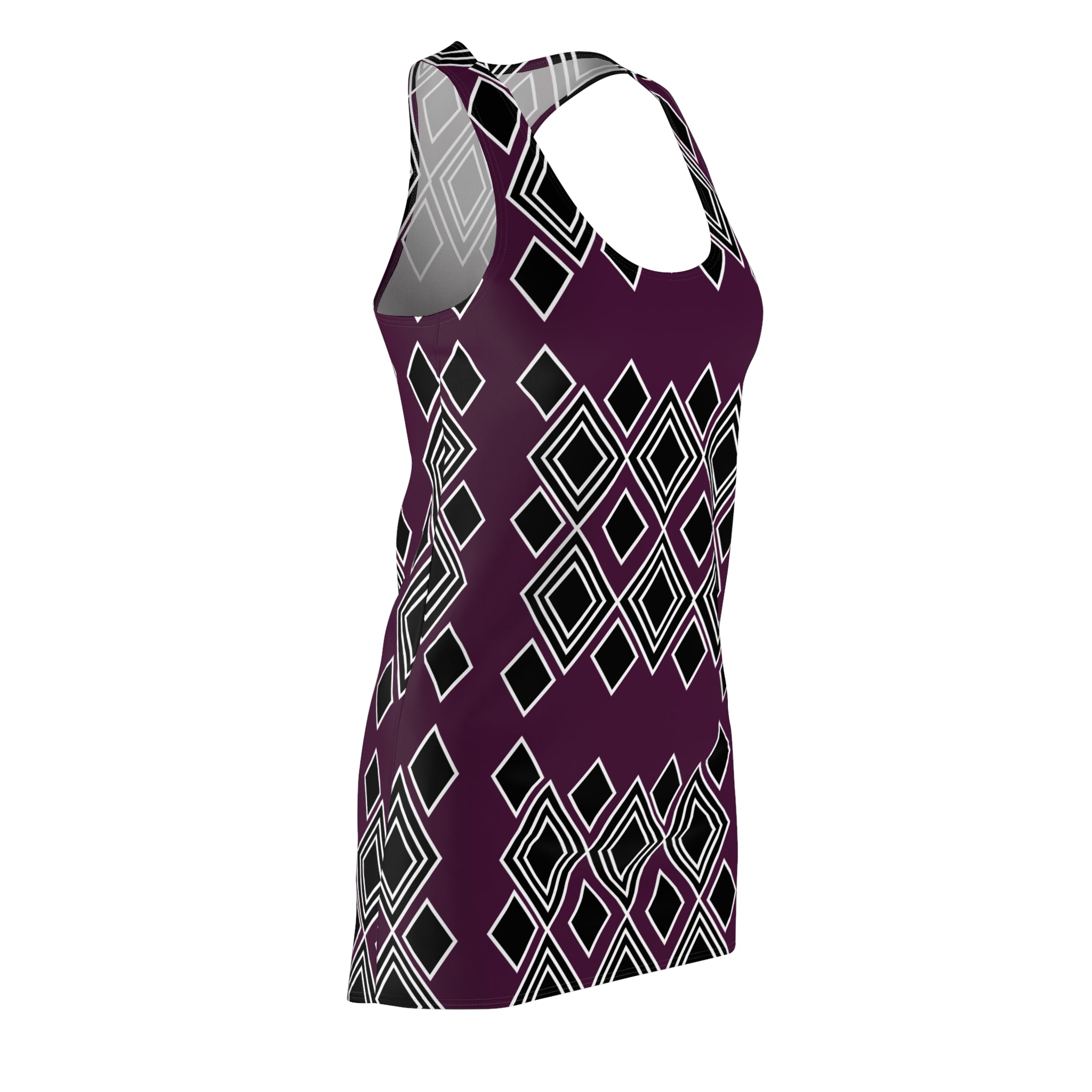 Geometric Diamond Racerback Dress — Plum & Black All-Over Print