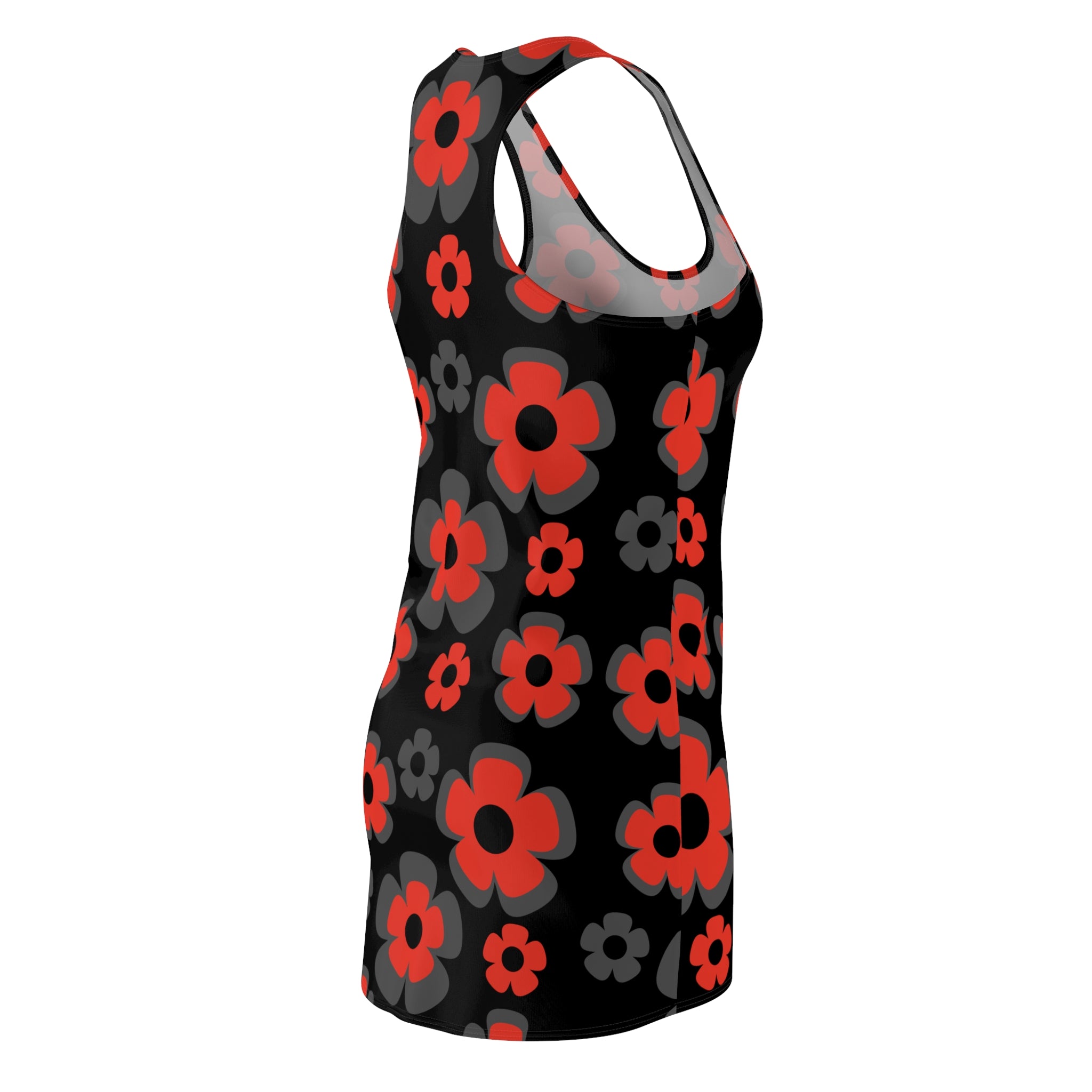 Red & Gray Floral Racerback Dress — Bold Retro Flower Print