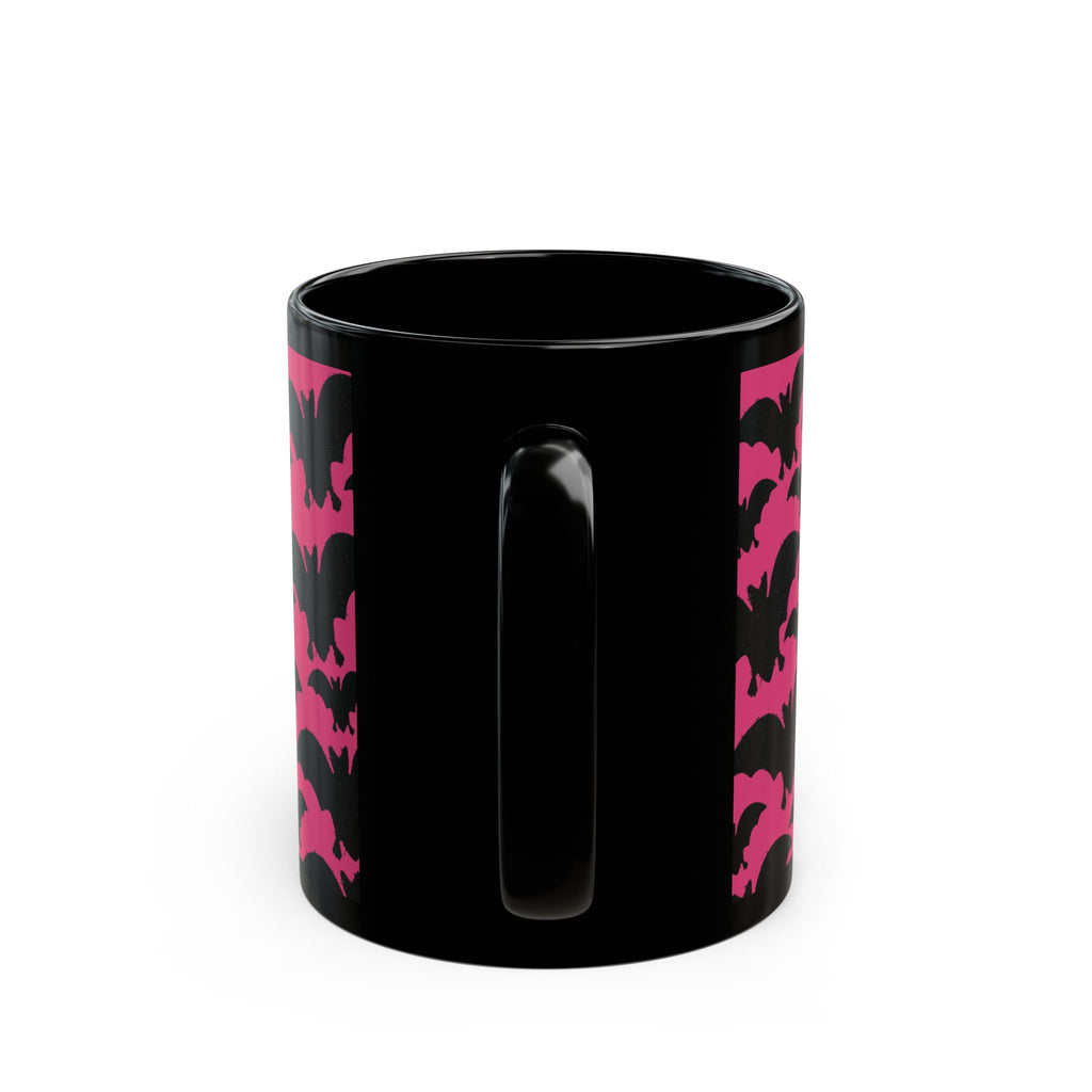 Pink Bat Pattern Black Mug — Halloween Gothic Coffee Cup (11oz/15oz)