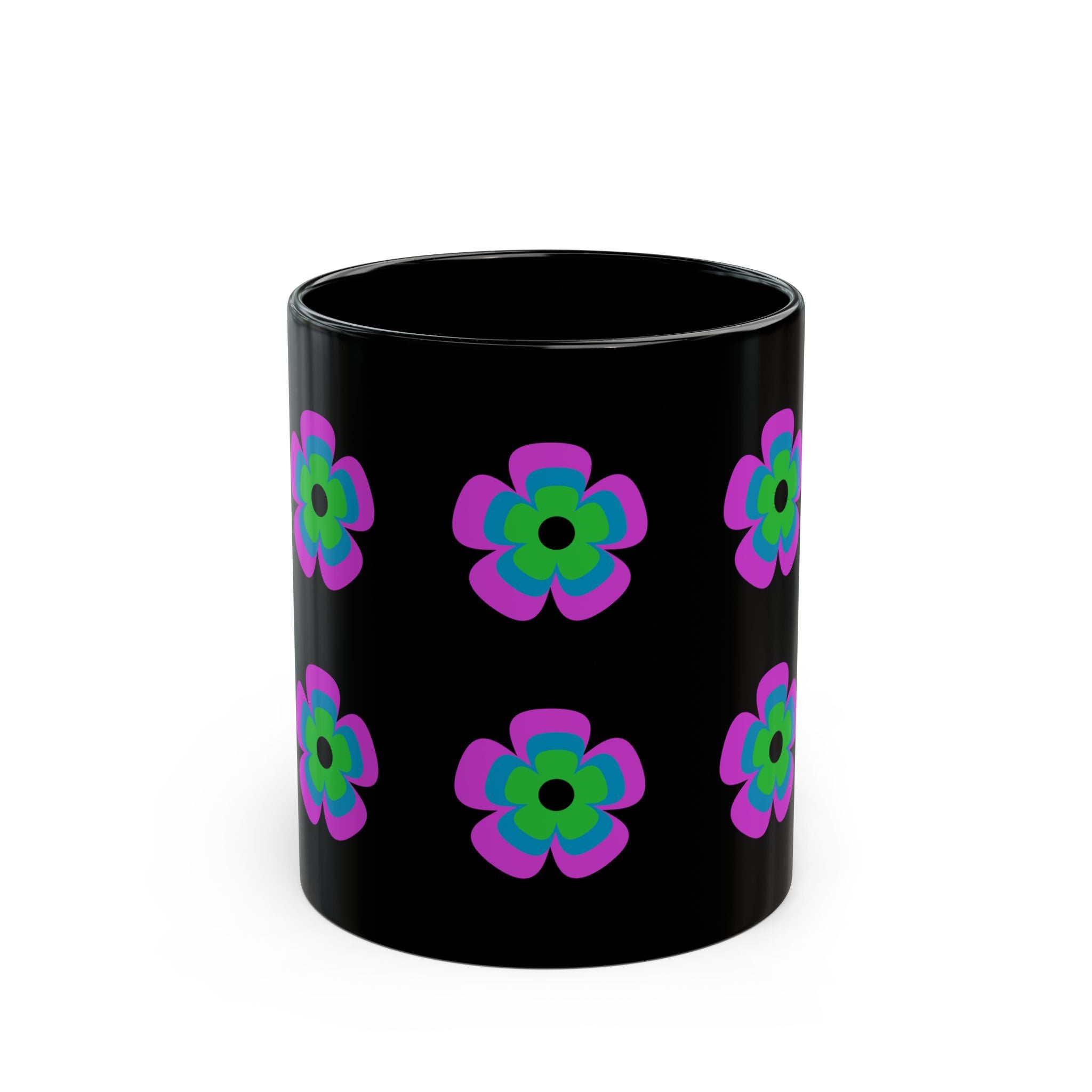 Retro Neon Flower Black Mug — Colorful 60s-Inspired Floral Coffee Cup (11oz & 15oz)