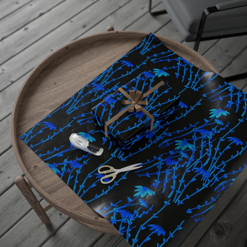Blue Floral Wrapping Paper Roll — Midnight Botanical Gift Wrap