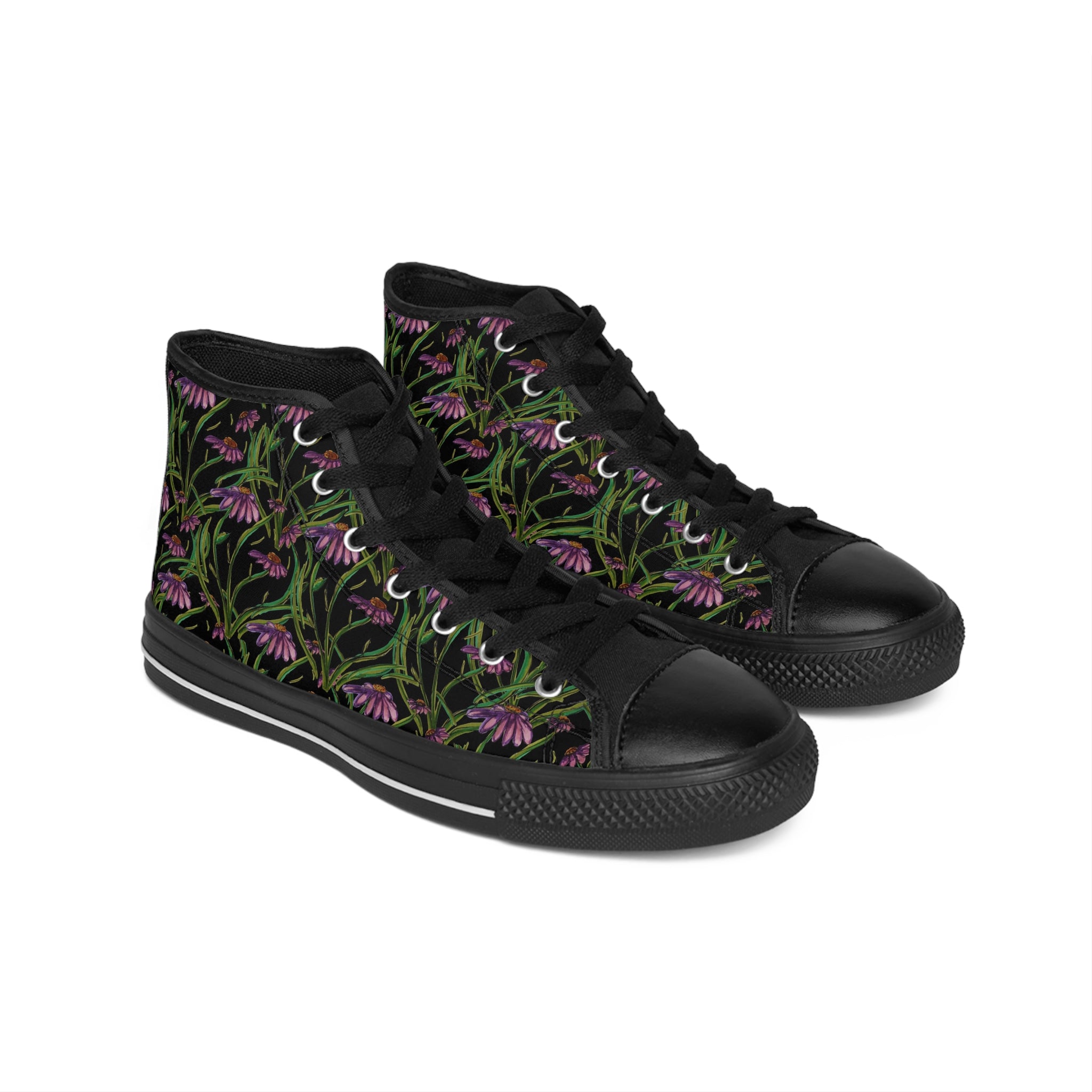 Floral Black High-Top Sneakers — Purple Wildflower Print Women’s Shoes