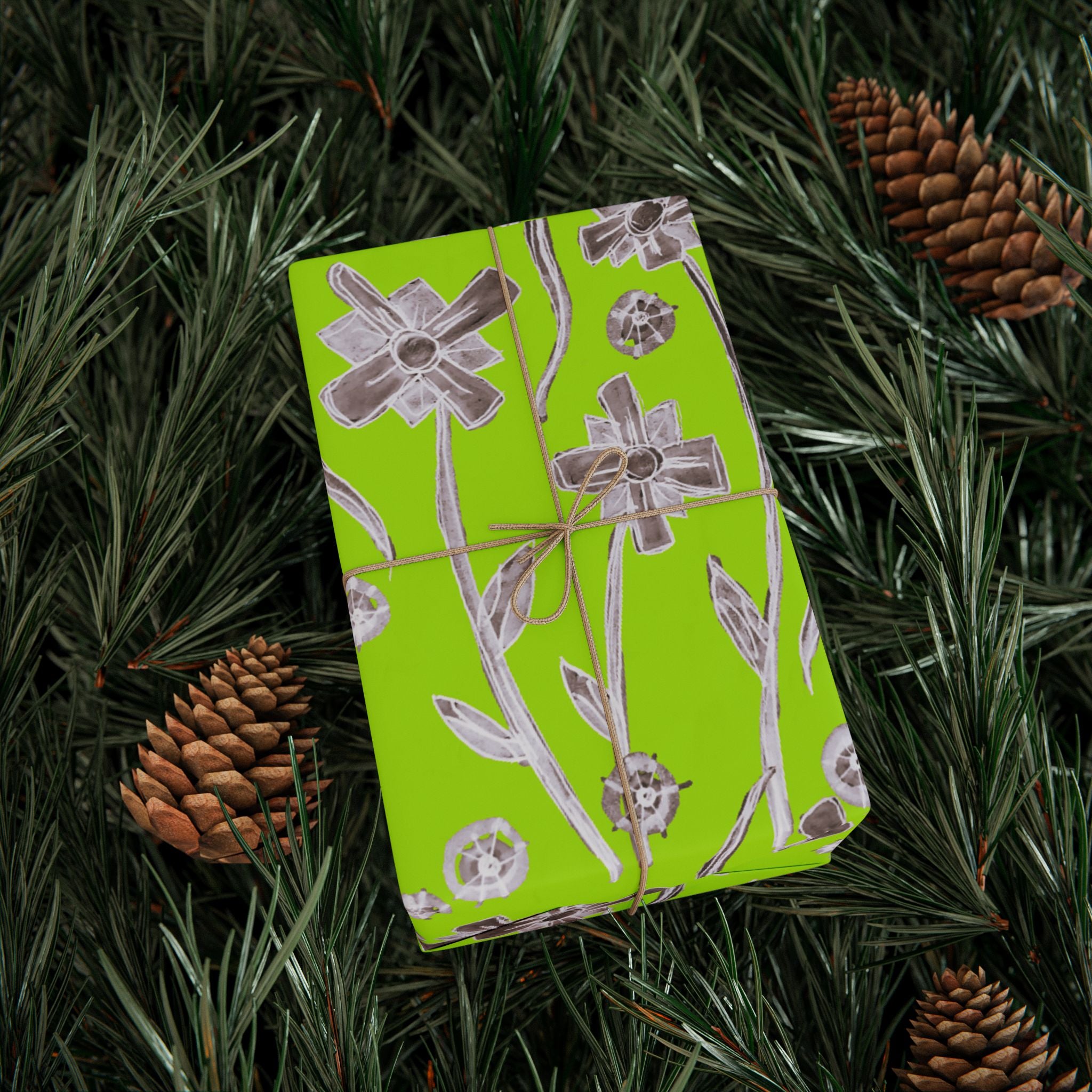 Lime Floral Wrapping Paper — Silver Botanical Gift Wrap