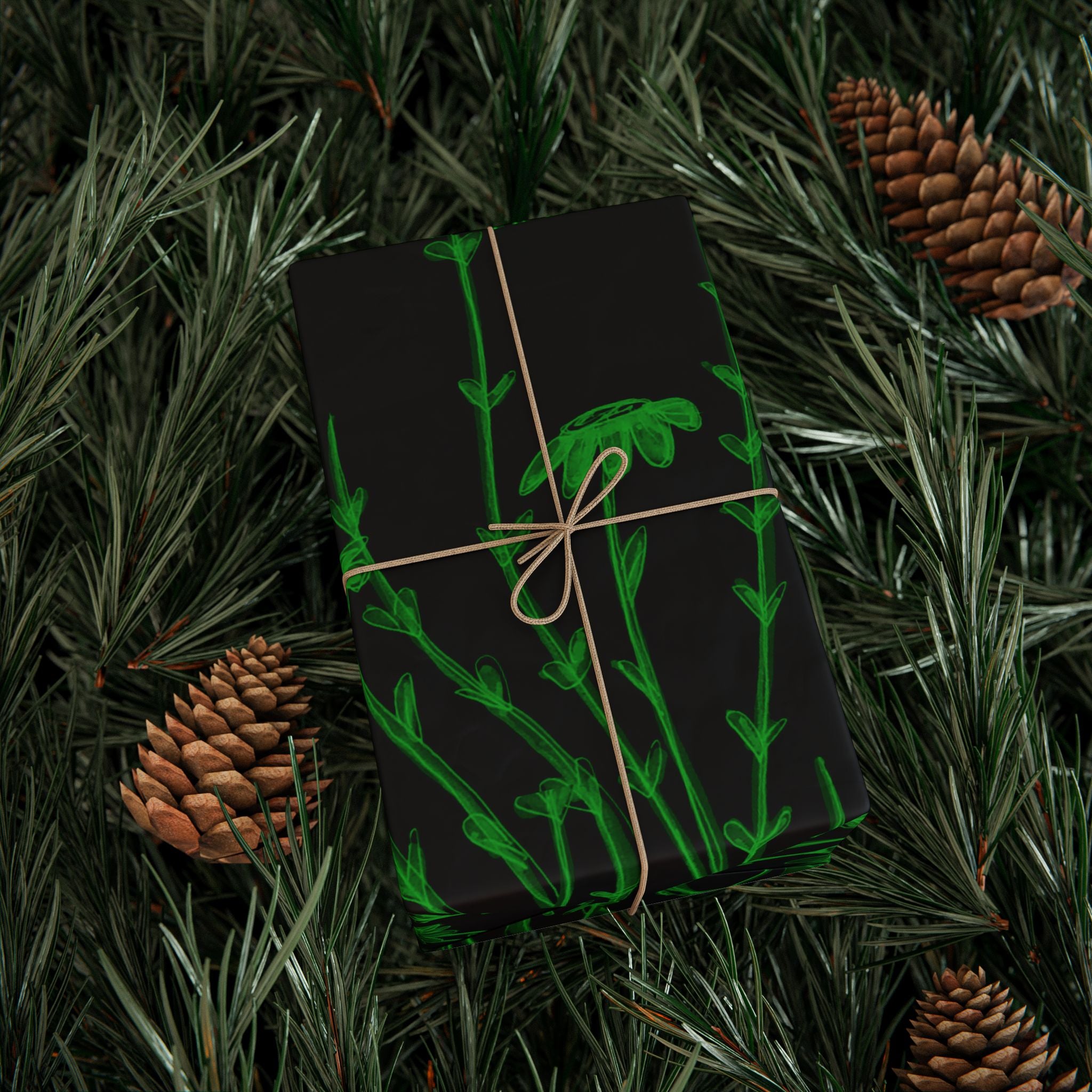 Botanical Black & Neon Green Wrapping Paper — Floral Gift Wrap for Gothic, Eco-Chic & Halloween Occasions