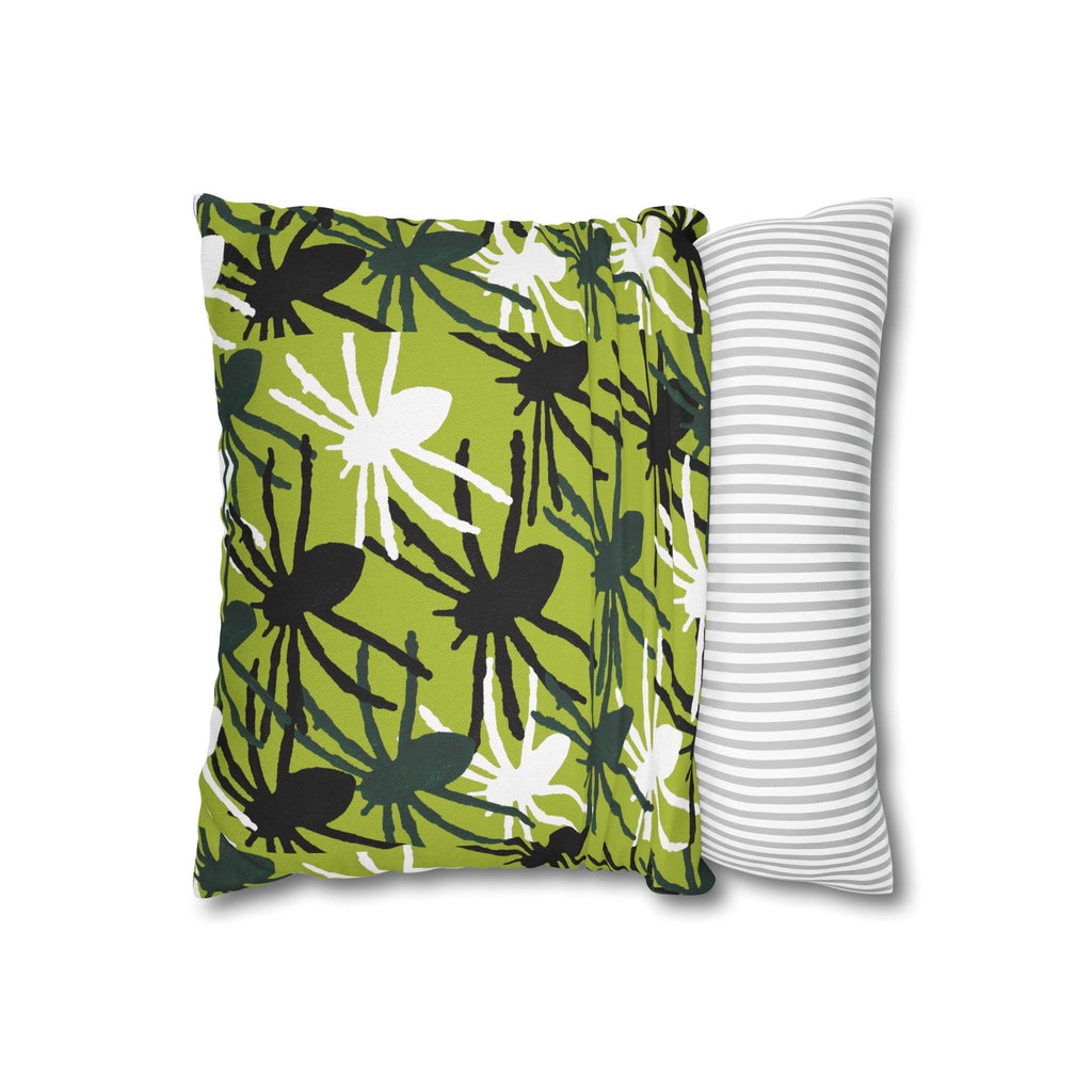 Green Spider Pattern Square Pillow — Bold Botanical Decorative Cushion