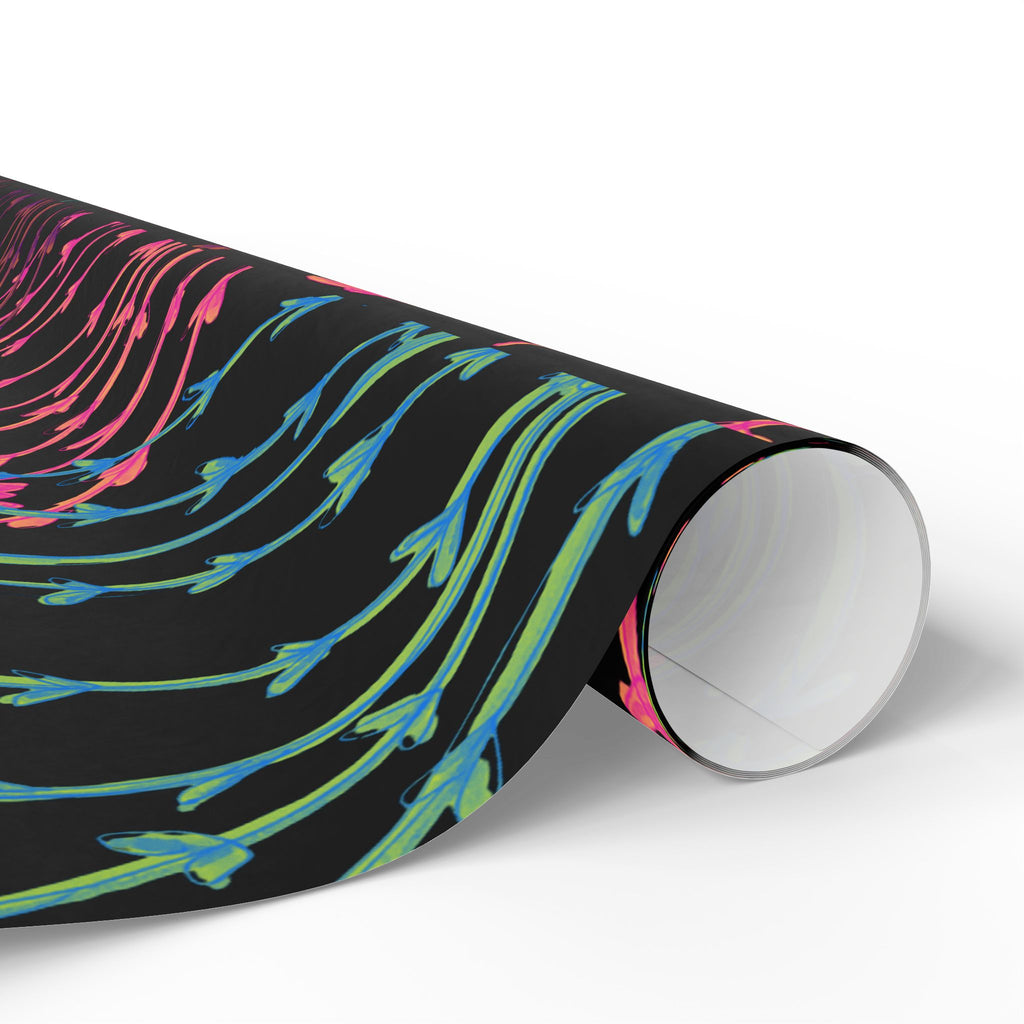 Floral Neon Stems Gift Wrap — Rainbow Wildflower Wrapping Paper on Black