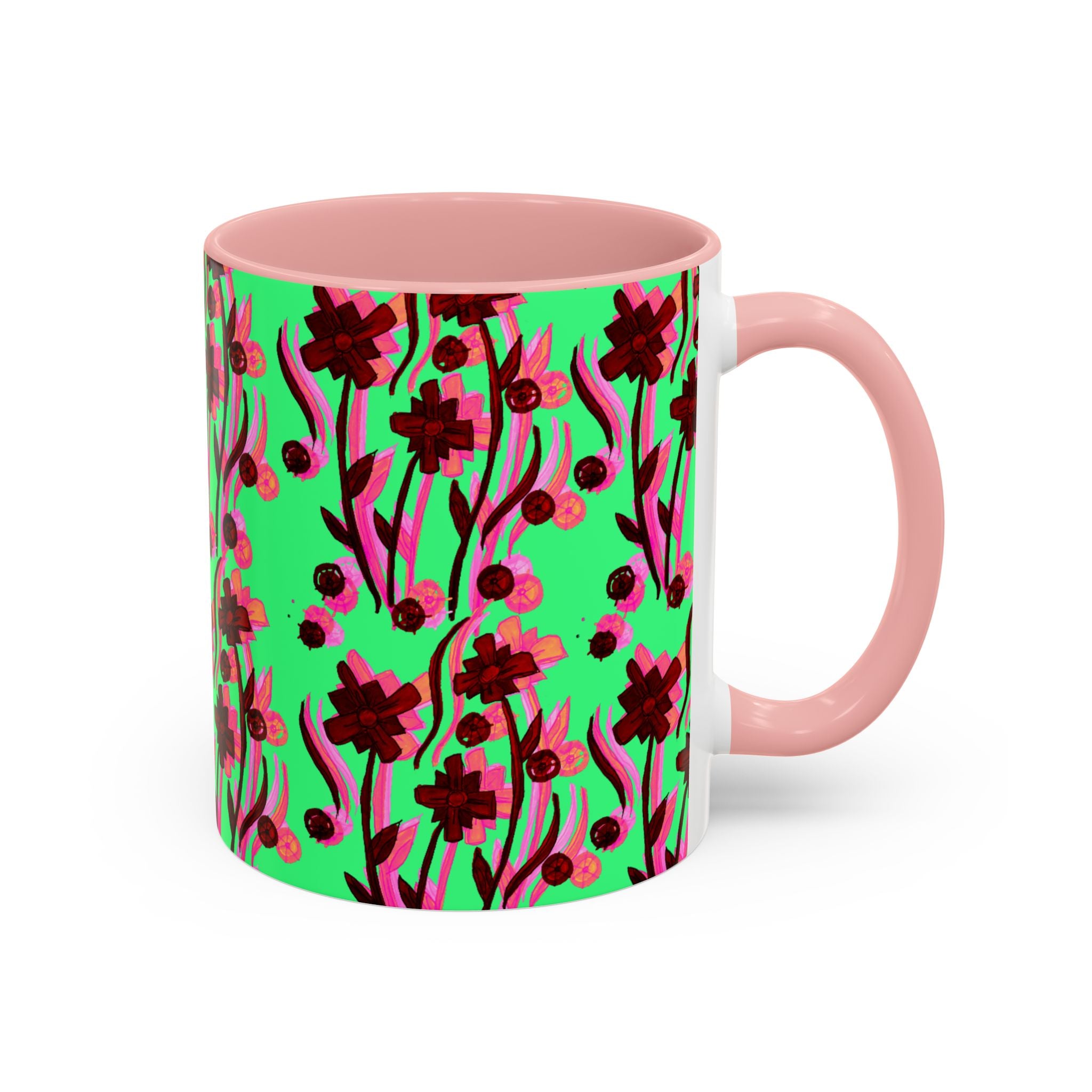 Floral Pop Accent Coffee Mug – Bold Red Flowers on Mint Green (11/15oz)