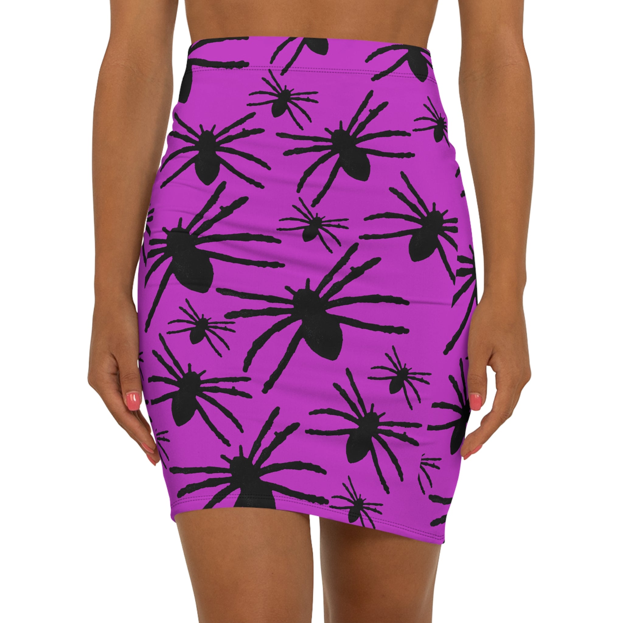 Spider Print Pencil Skirt — Purple Halloween AOP Midi