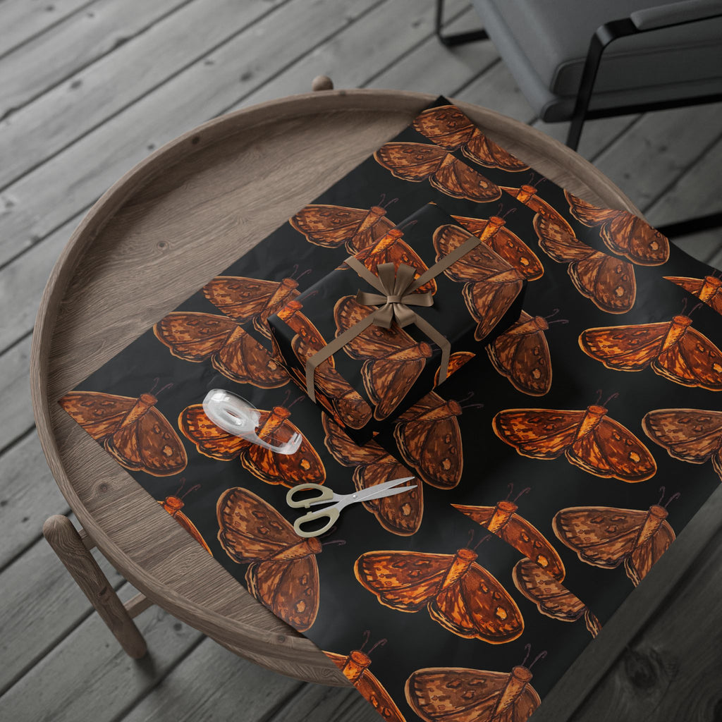 Moth Pattern Wrapping Paper — Vintage Brown Moths on Black Gift Wrap
