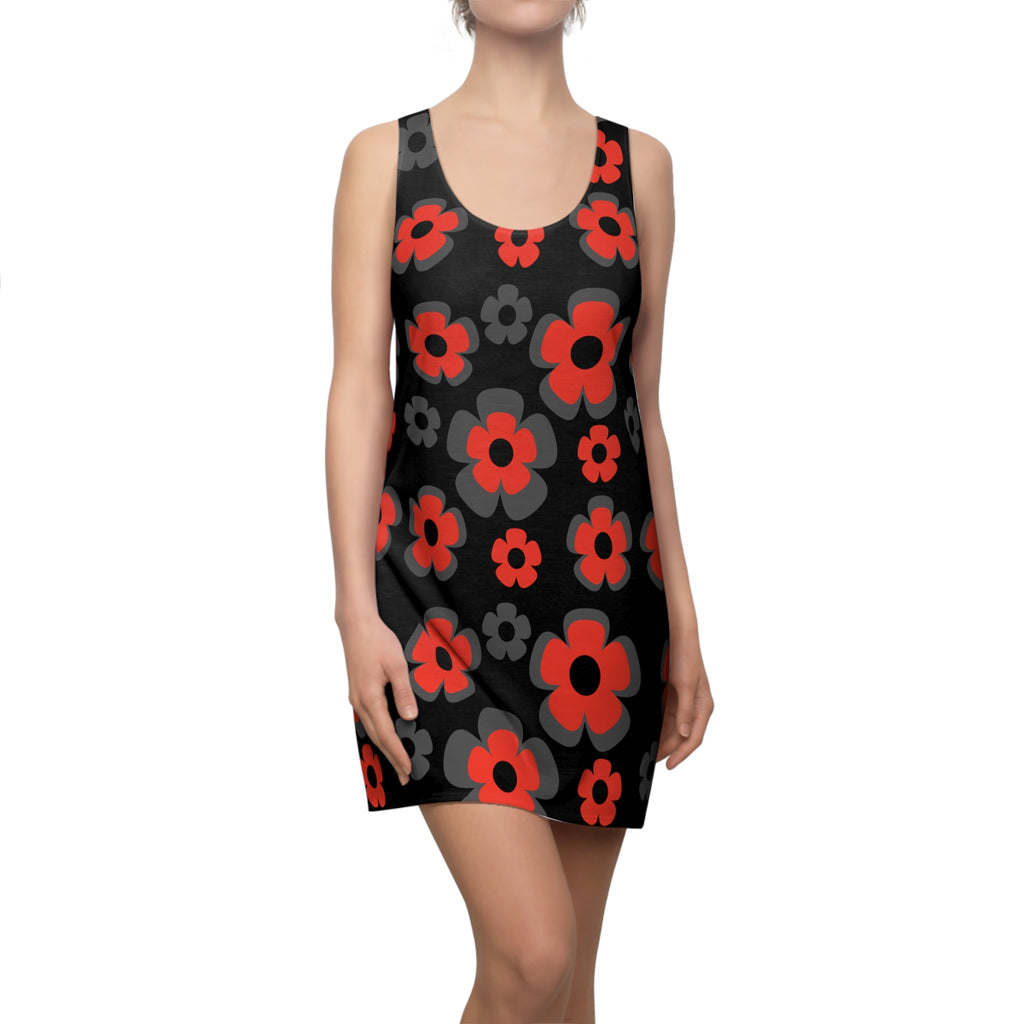 Red & Gray Floral Racerback Dress — Bold Retro Flower Print