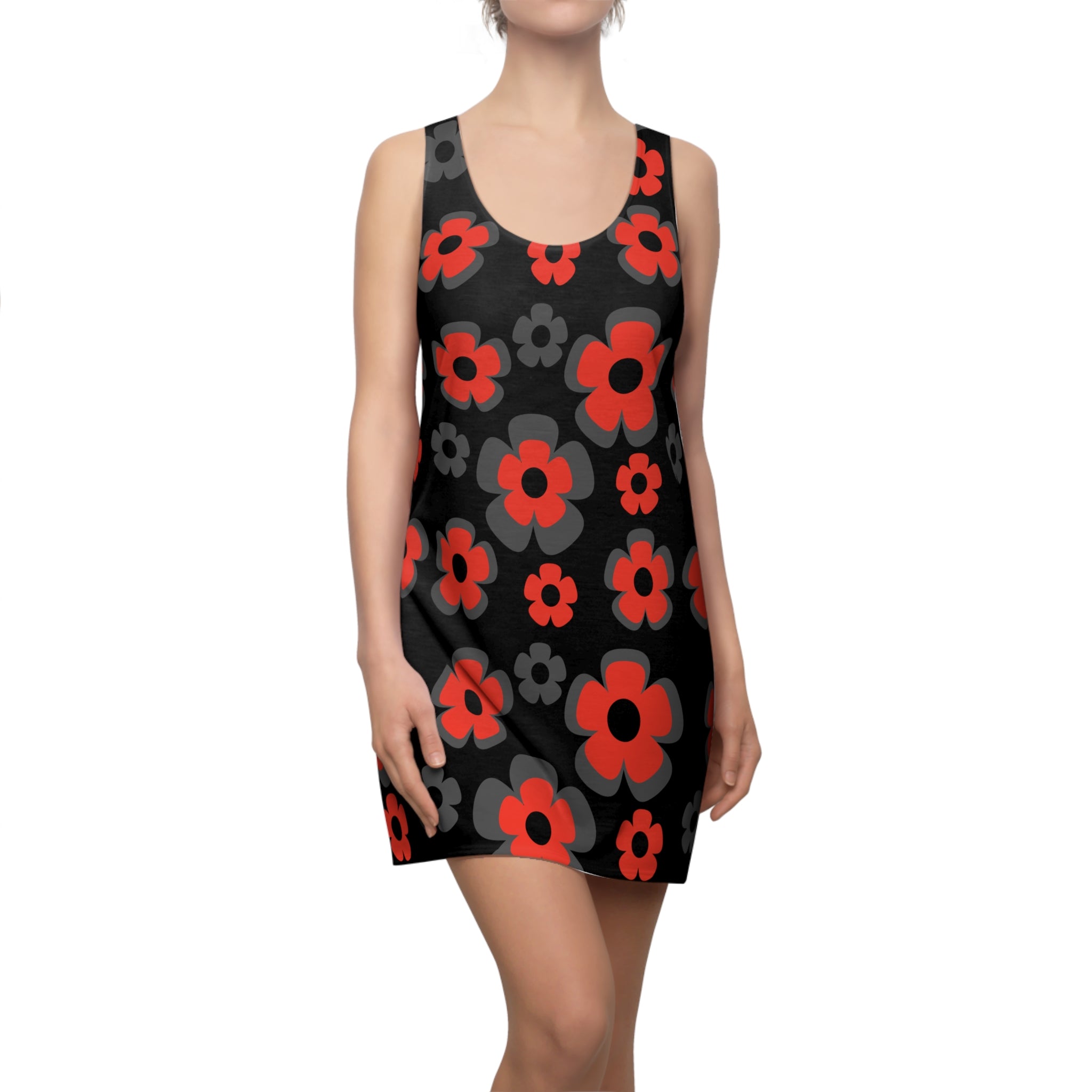 Red & Gray Floral Racerback Dress — Bold Retro Flower Print