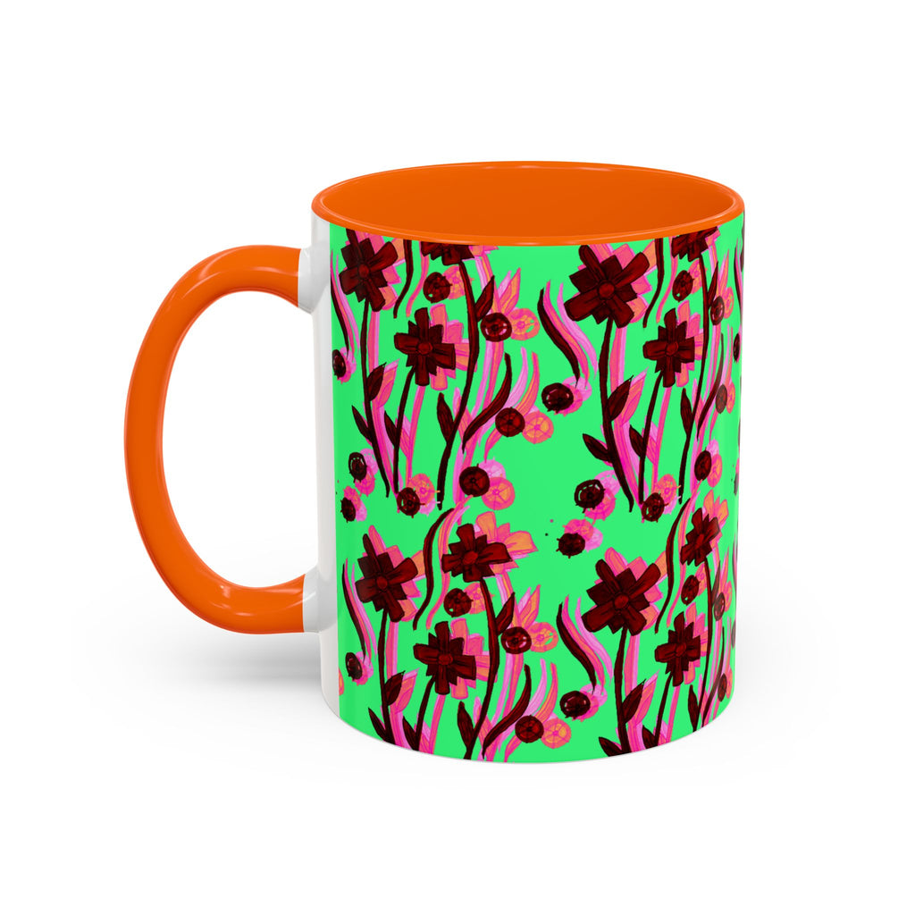 Floral Pop Accent Coffee Mug – Bold Red Flowers on Mint Green (11/15oz)