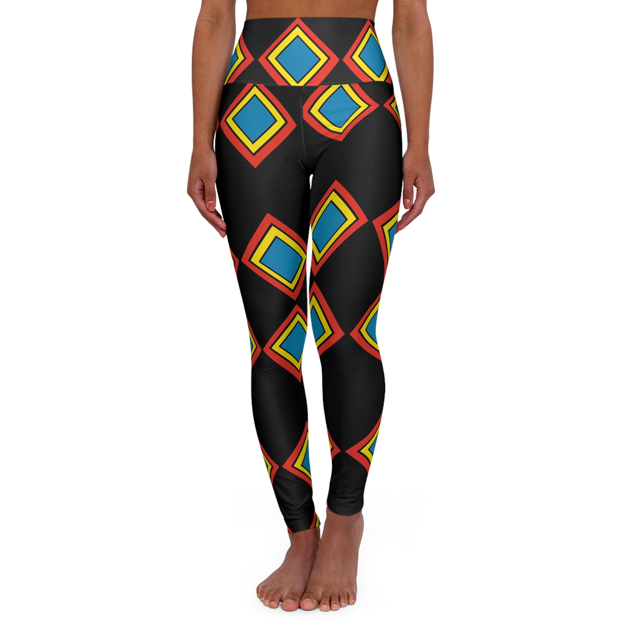 High-Waist Yoga Leggings — Bold Geometric Diamond Print (Black, Red, Yellow, Blue)