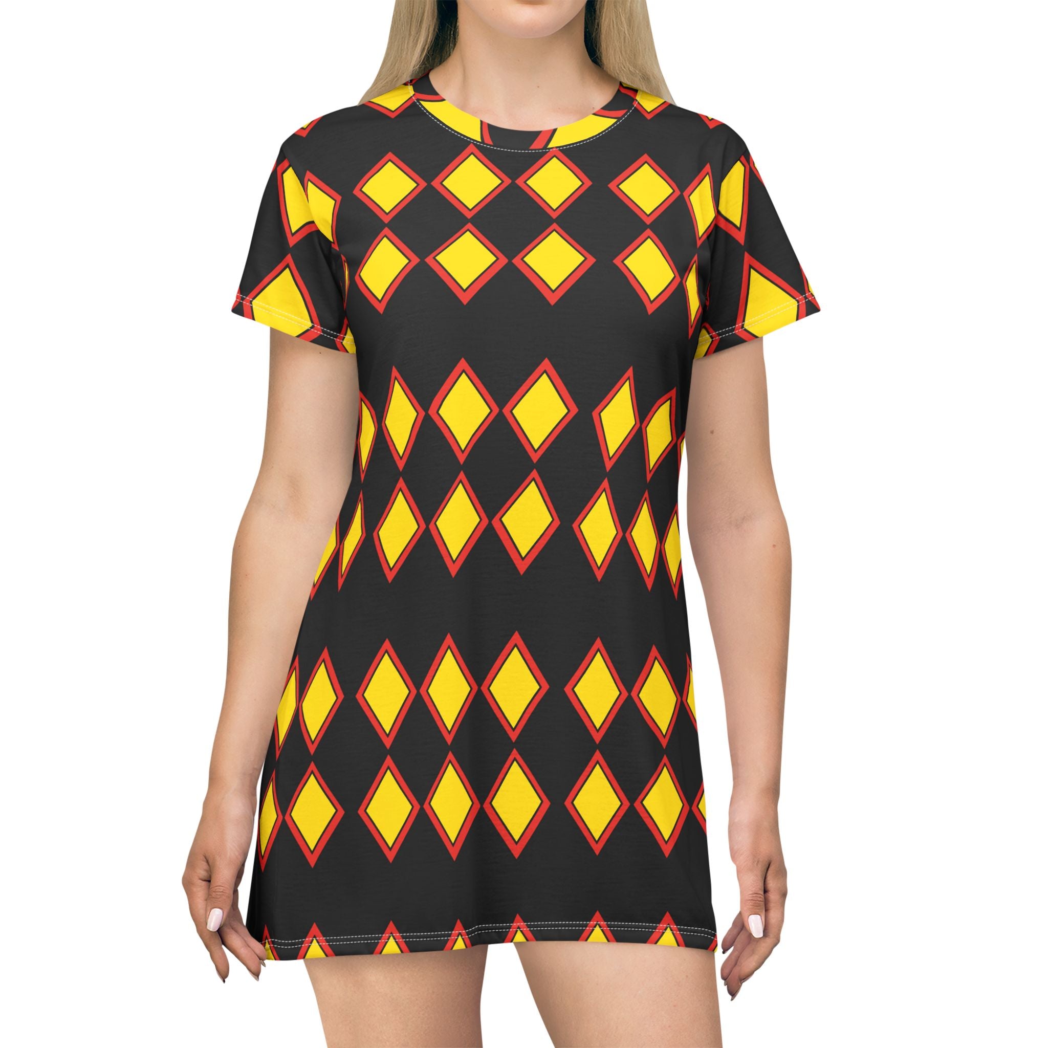 Geometric Diamond Print T-Shirt Dress — Bold Yellow & Red All-Over Pattern