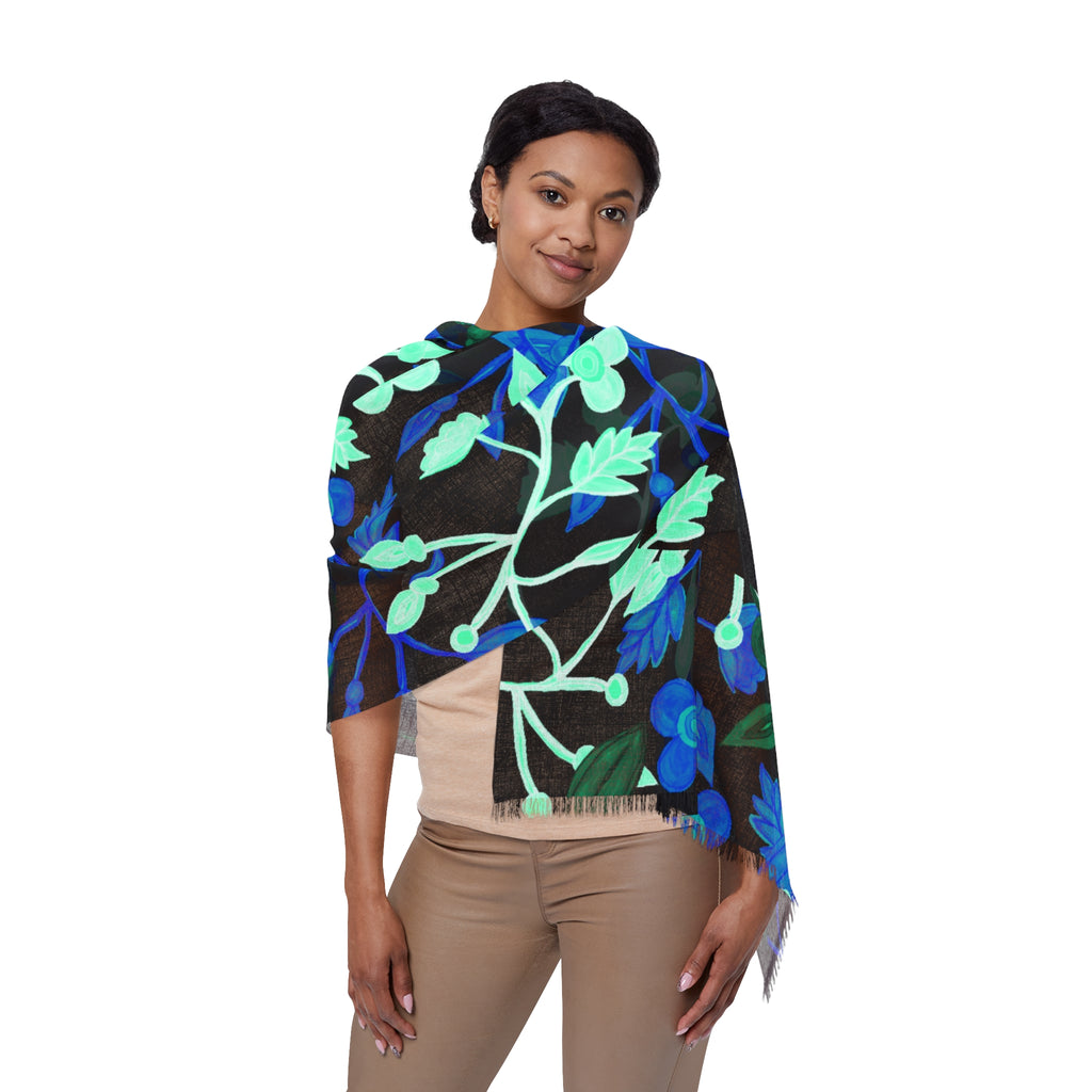 Blue Botanical Light Scarf — Floral Fringe Scarf for Spring & Evening Wear